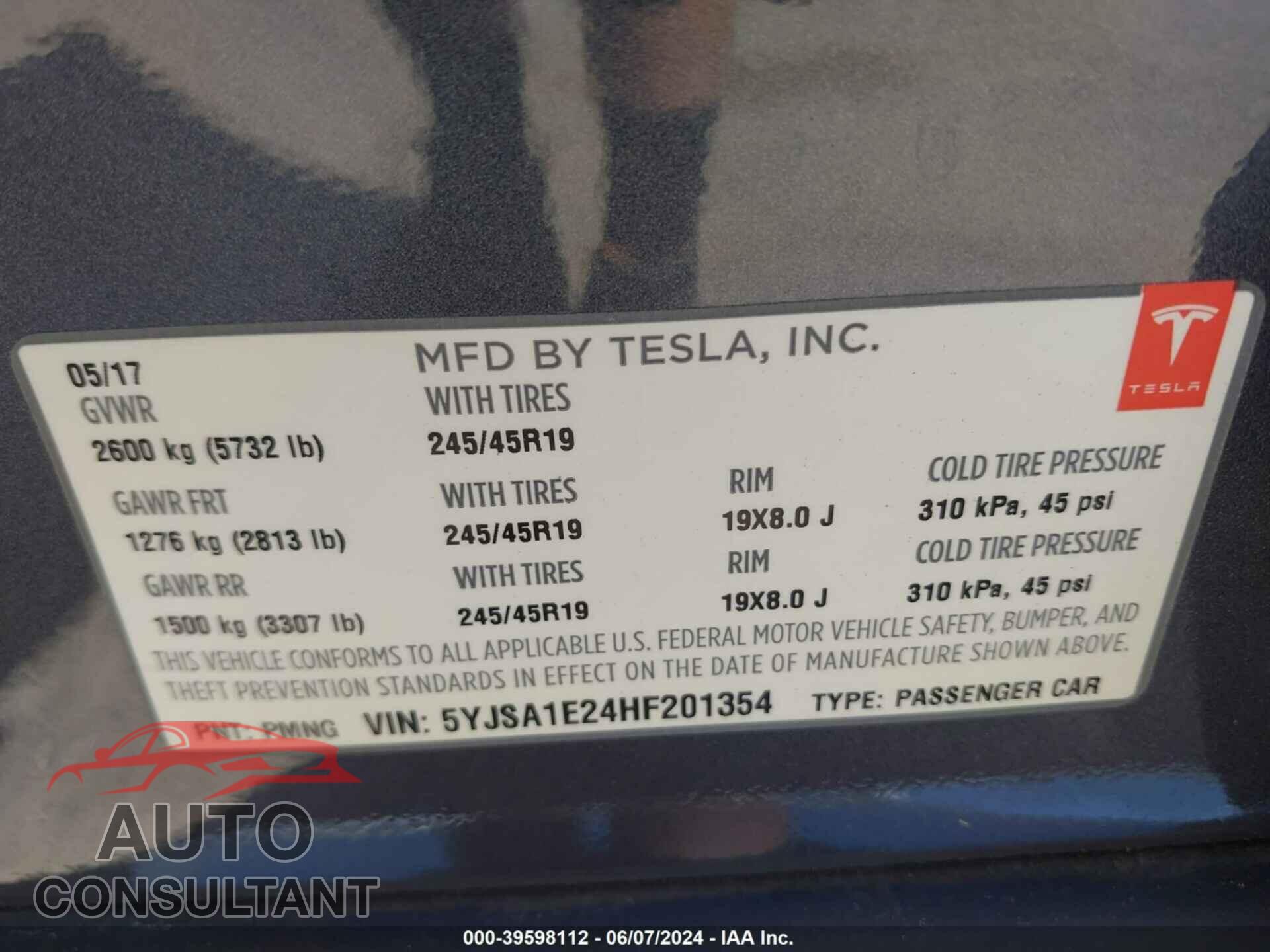 TESLA MODEL S 2017 - 5YJSA1E24HF201354