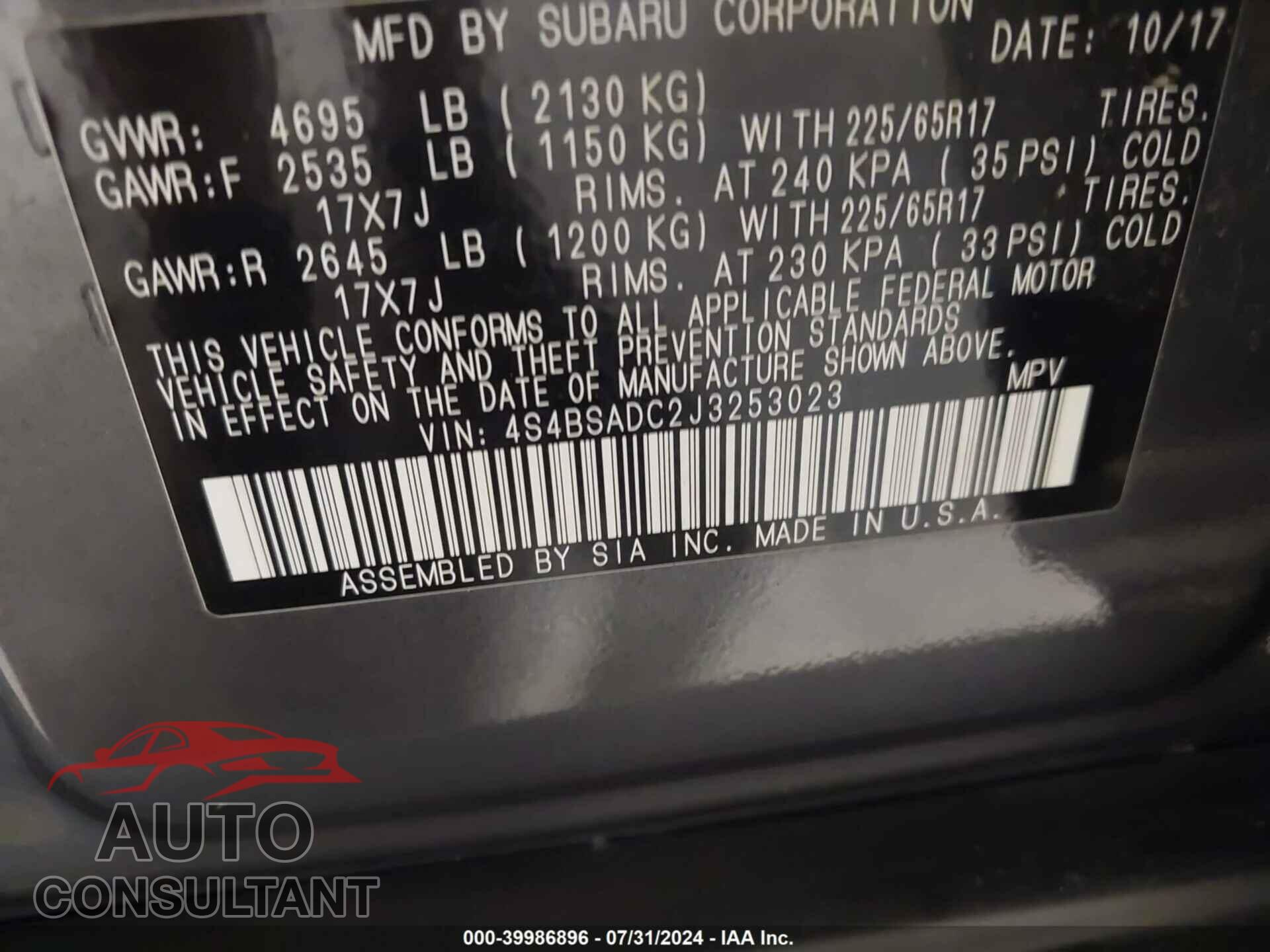SUBARU OUTBACK 2018 - 4S4BSADC2J3253023