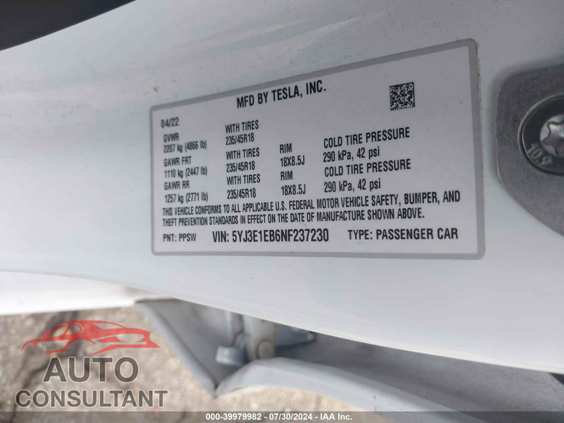 TESLA MODEL 3 2022 - 5YJ3E1EB6NF237230