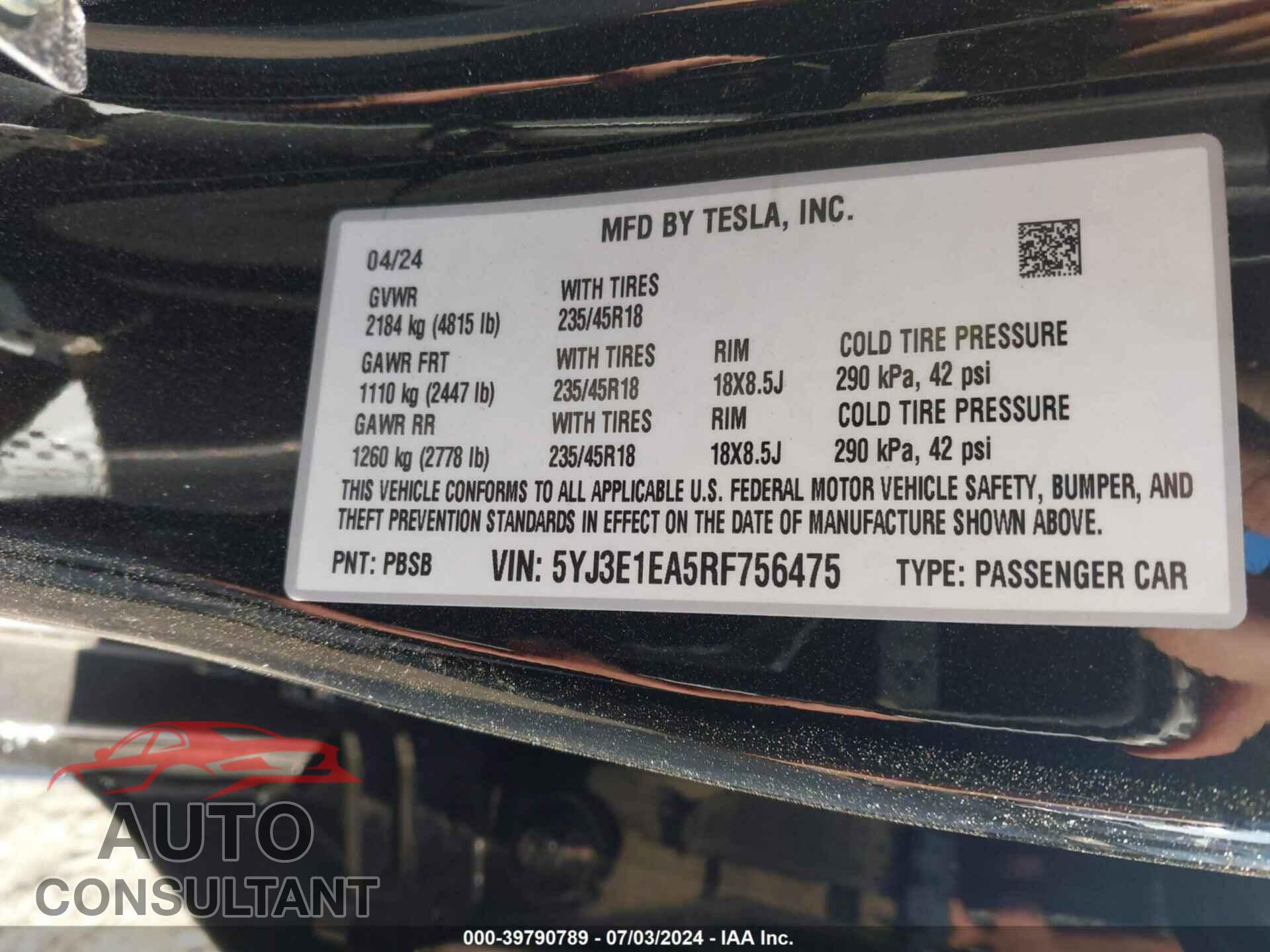 TESLA MODEL 3 2024 - 5YJ3E1EA5RF756475