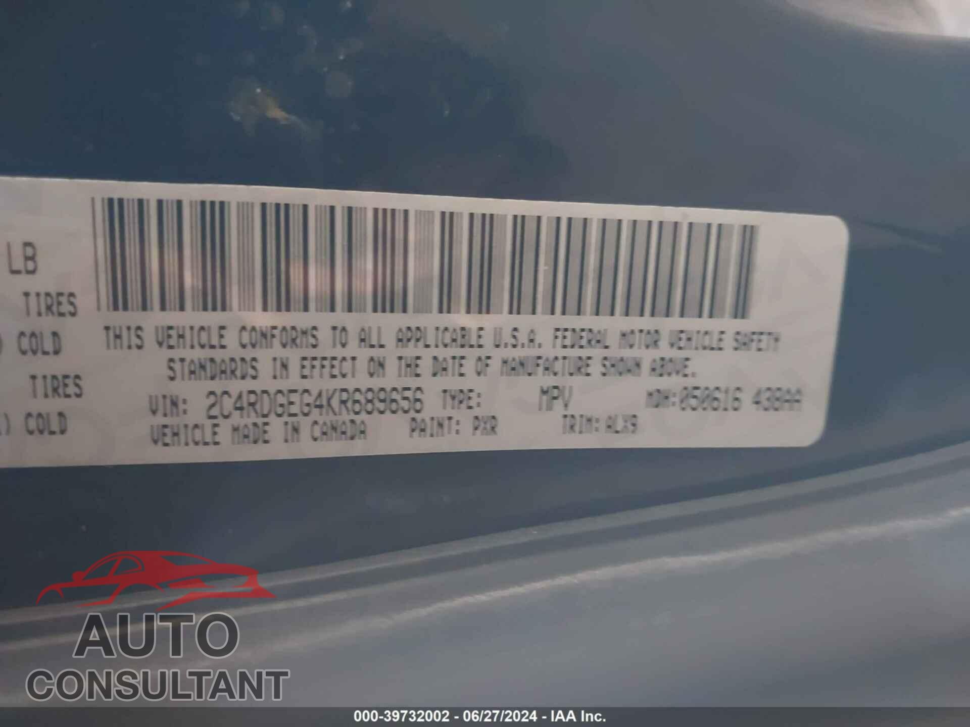 DODGE GRAND CARAVAN 2019 - 2C4RDGEG4KR689656
