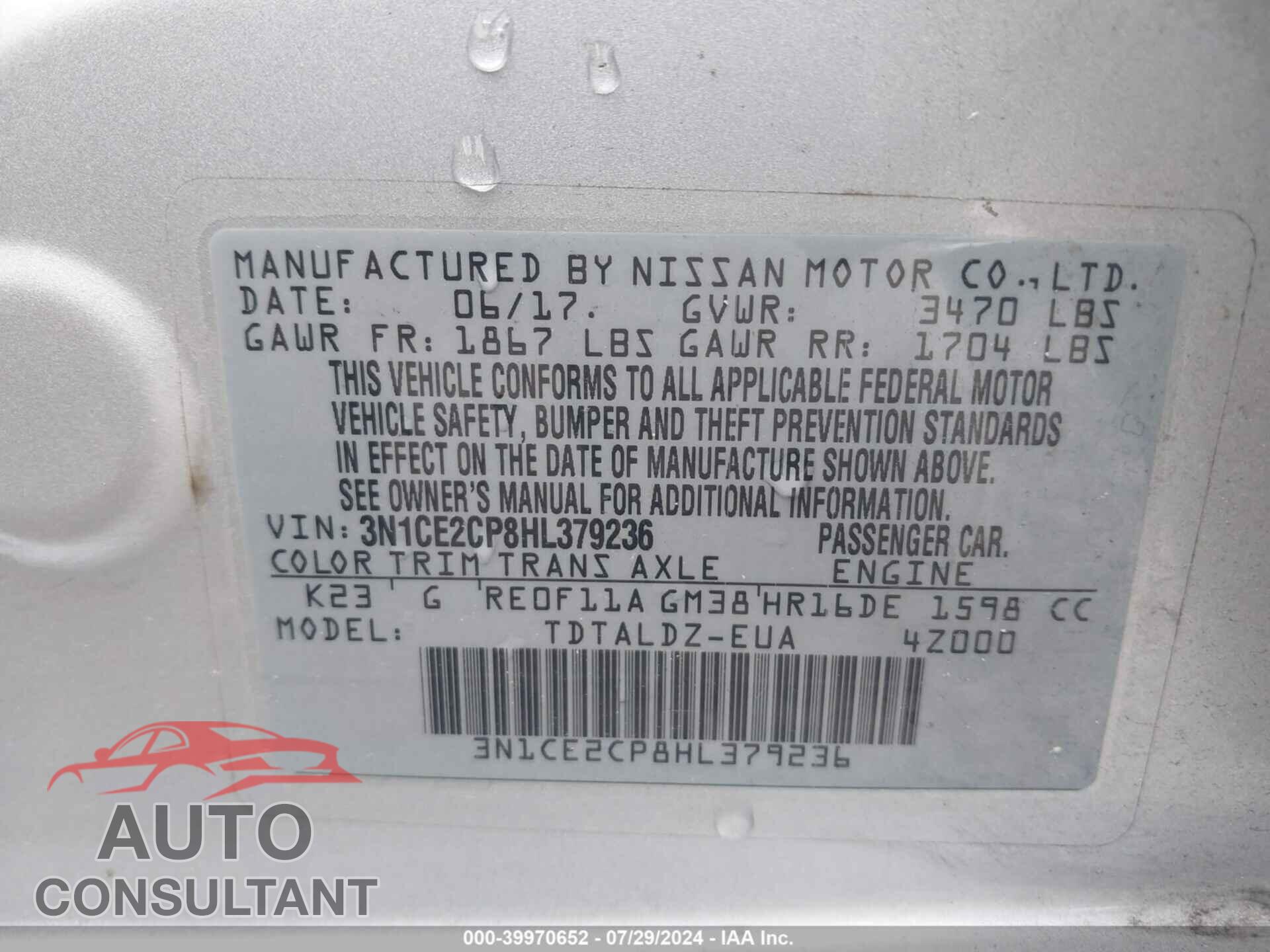 NISSAN VERSA NOTE 2017 - 3N1CE2CP8HL379236