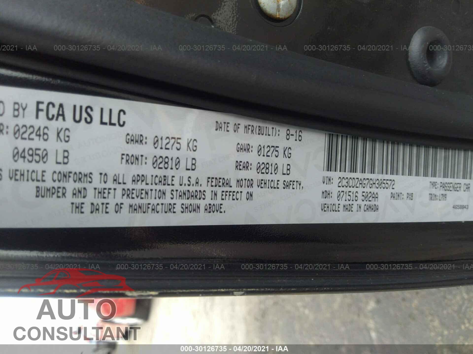 DODGE CHALLENGER 2016 - 2C3CDZAG7GH305572