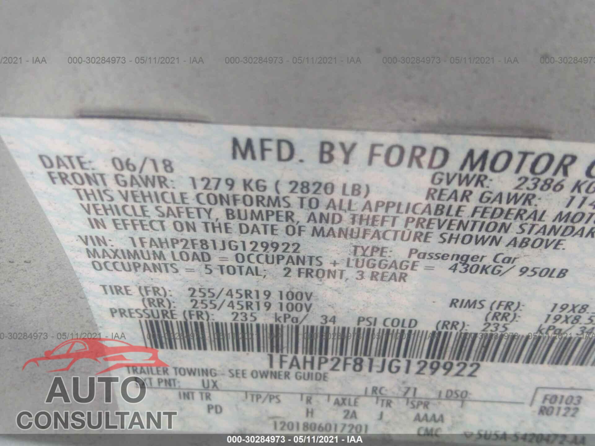 FORD TAURUS 2018 - 1FAHP2F81JG129922
