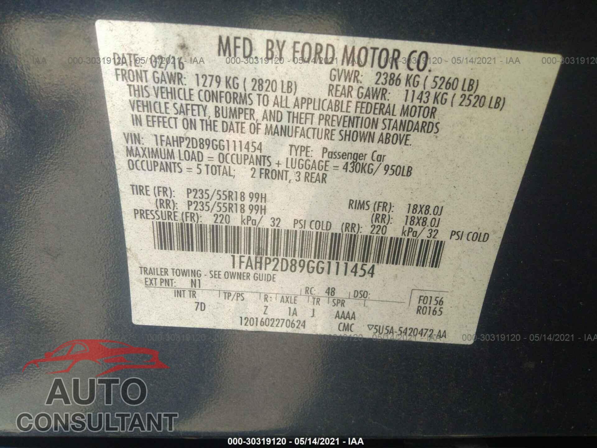 FORD TAURUS 2016 - 1FAHP2D89GG111454