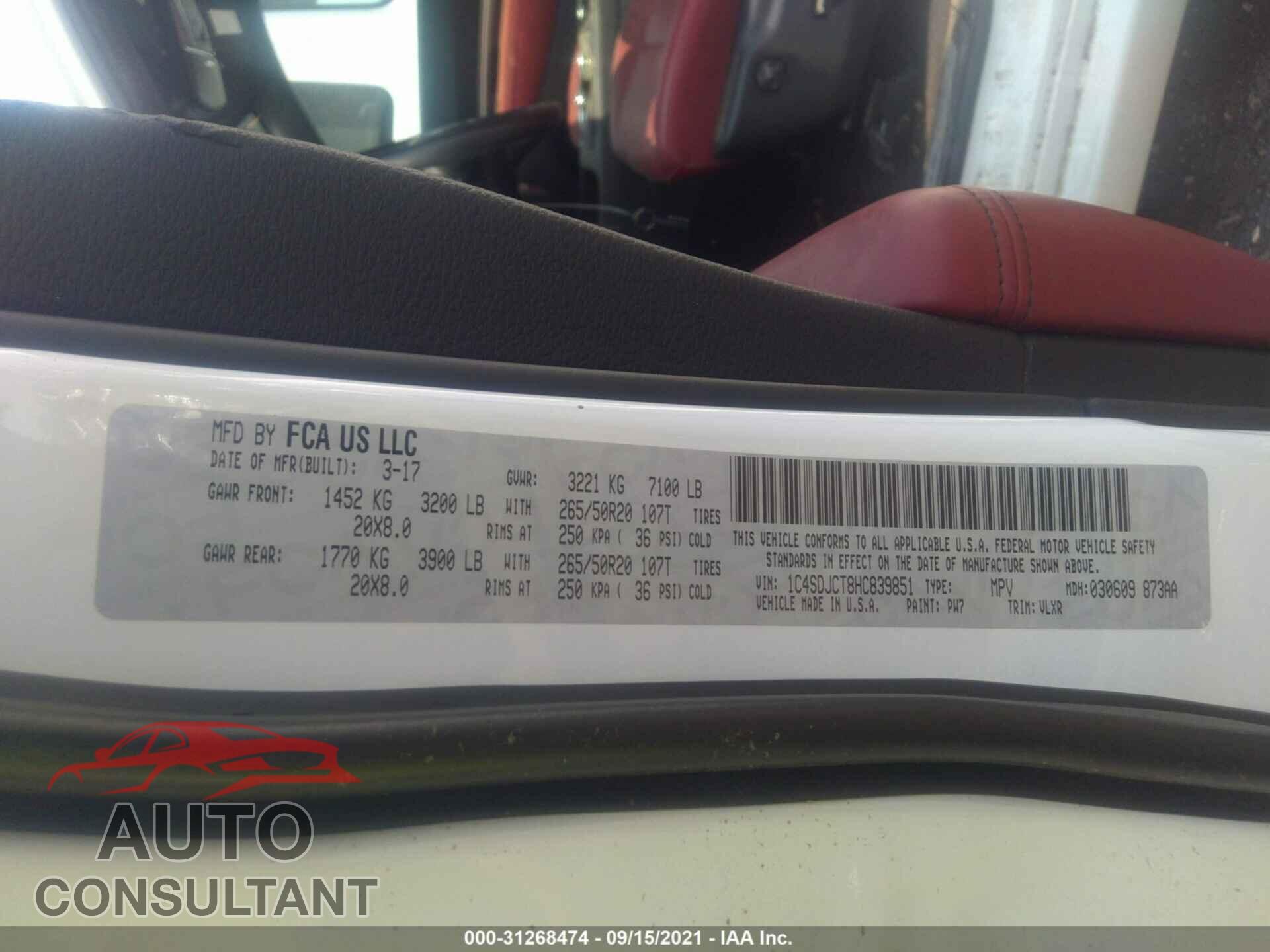 DODGE DURANGO 2017 - 1C4SDJCT8HC839851