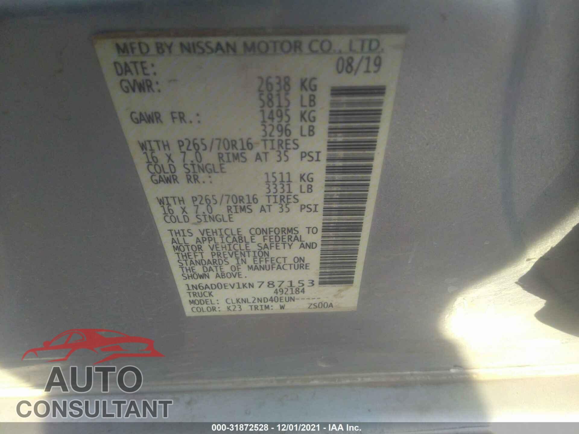 NISSAN FRONTIER 2019 - 1N6AD0EV1KN787153
