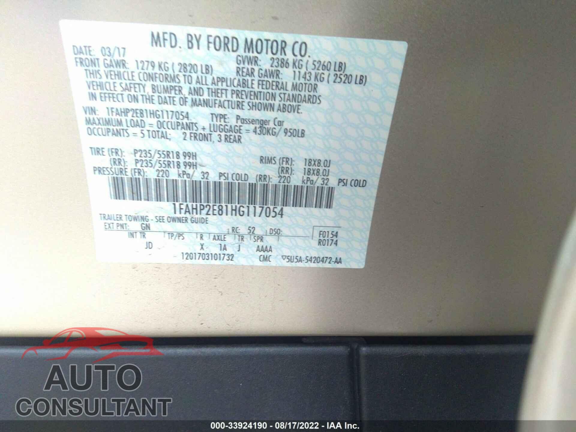 FORD TAURUS 2017 - 1FAHP2E81HG117054