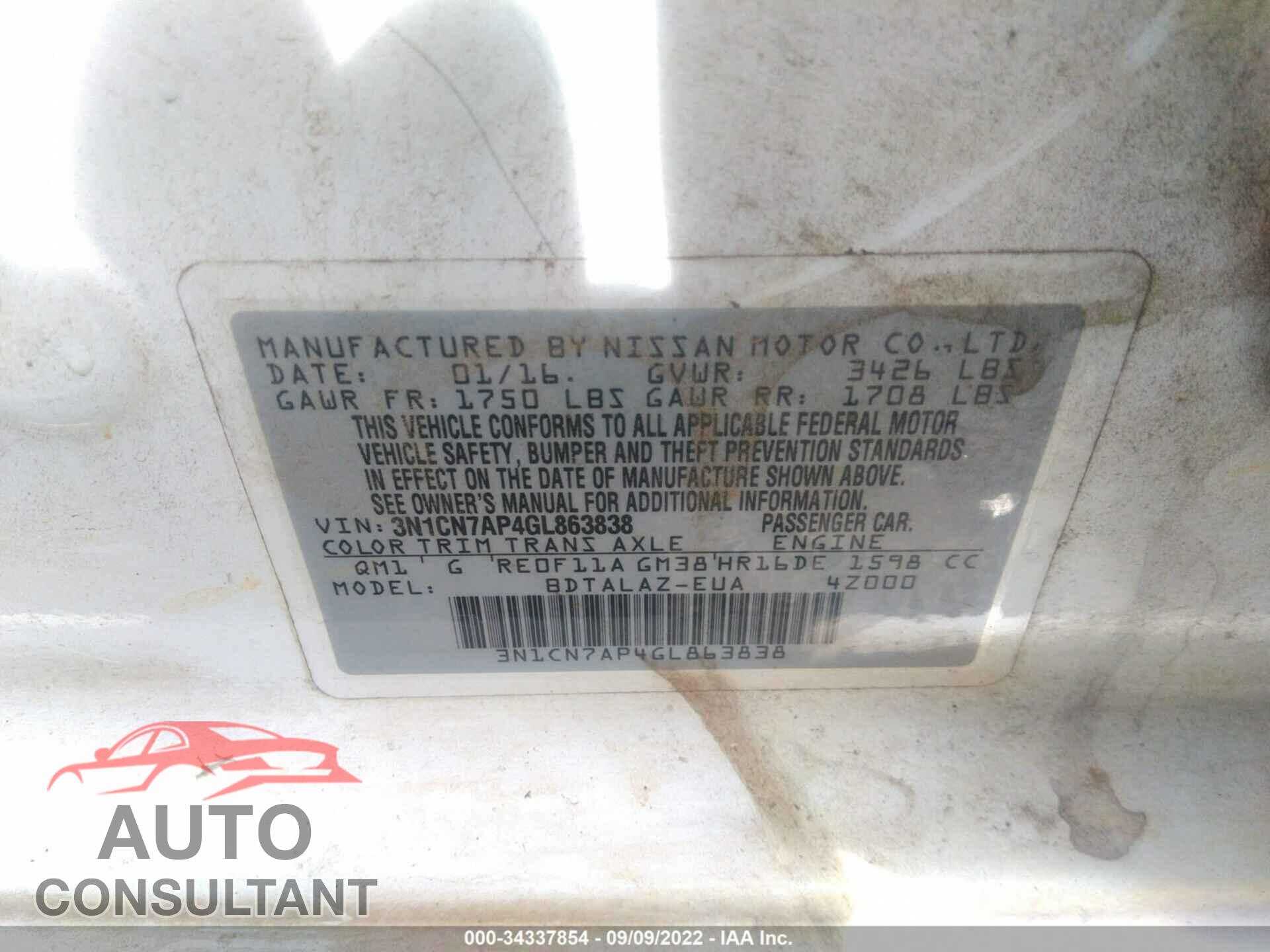 NISSAN VERSA 2016 - 3N1CN7AP4GL863838