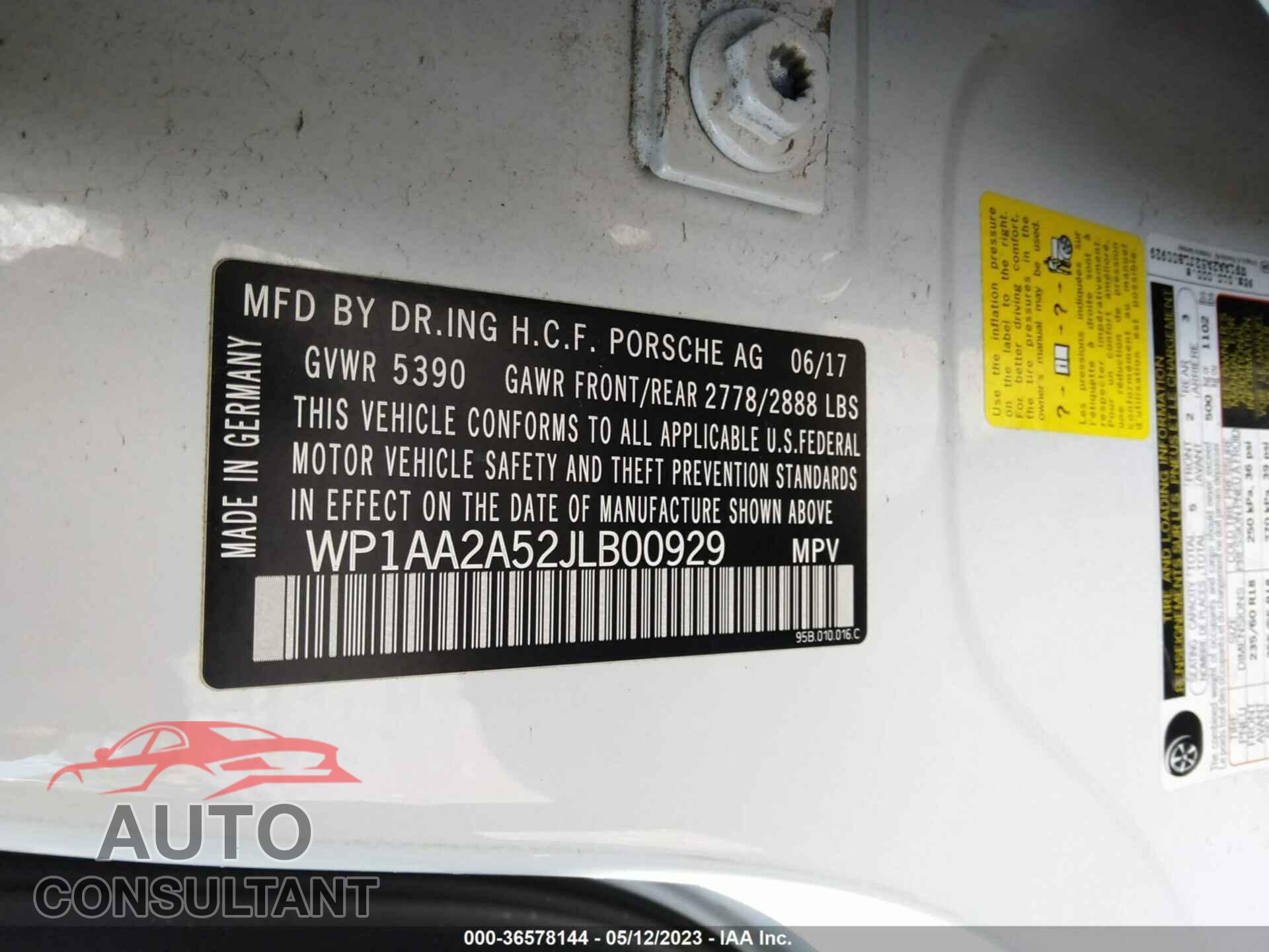 PORSCHE MACAN 2018 - WP1AA2A52JLB00929