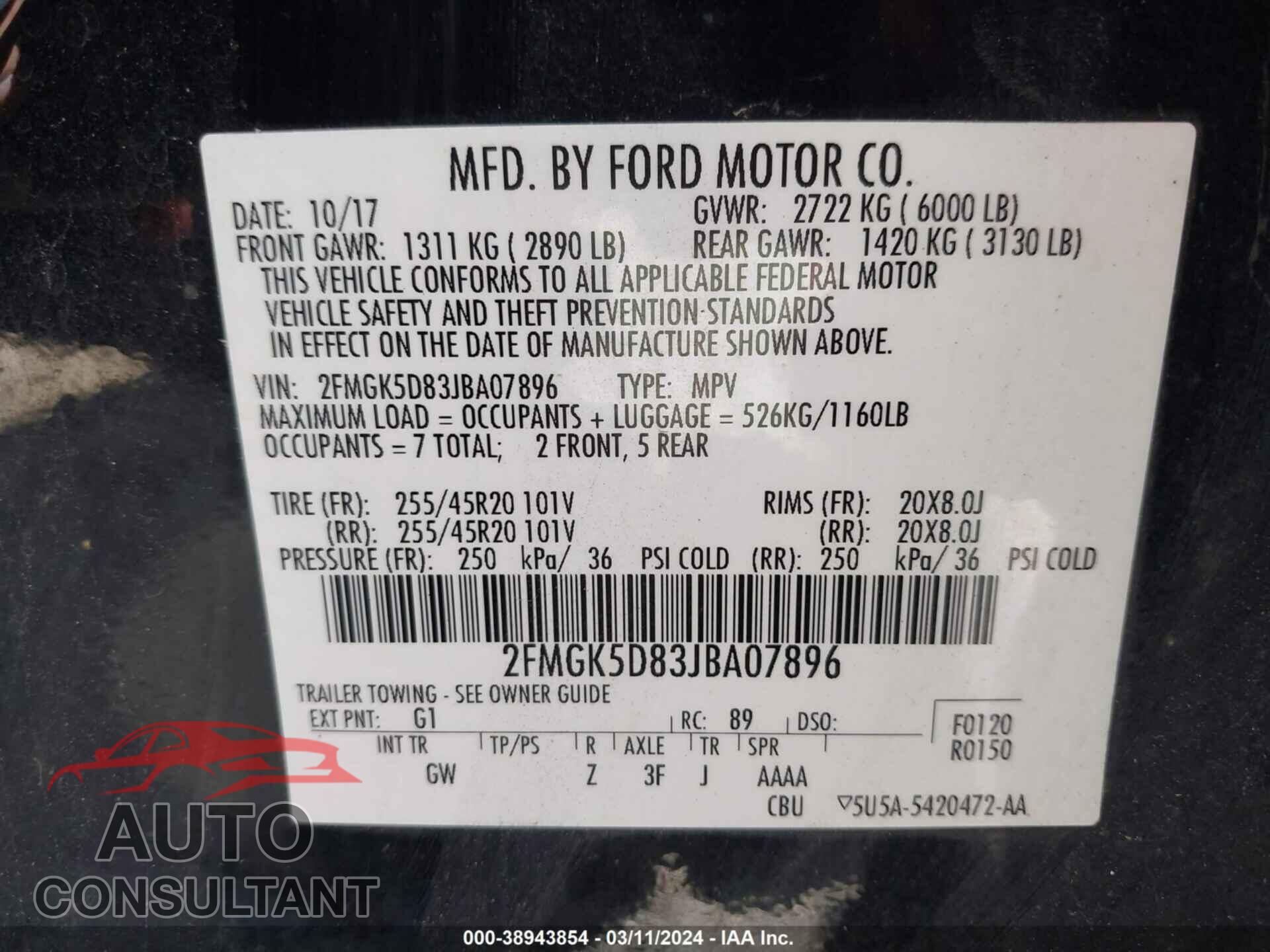 FORD FLEX 2018 - 2FMGK5D83JBA07896