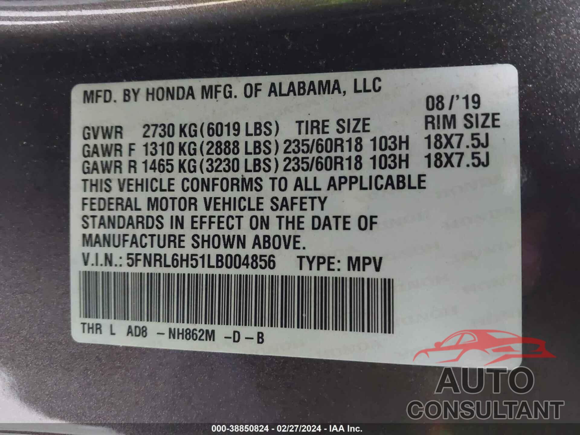 HONDA ODYSSEY 2020 - 5FNRL6H51LB004856