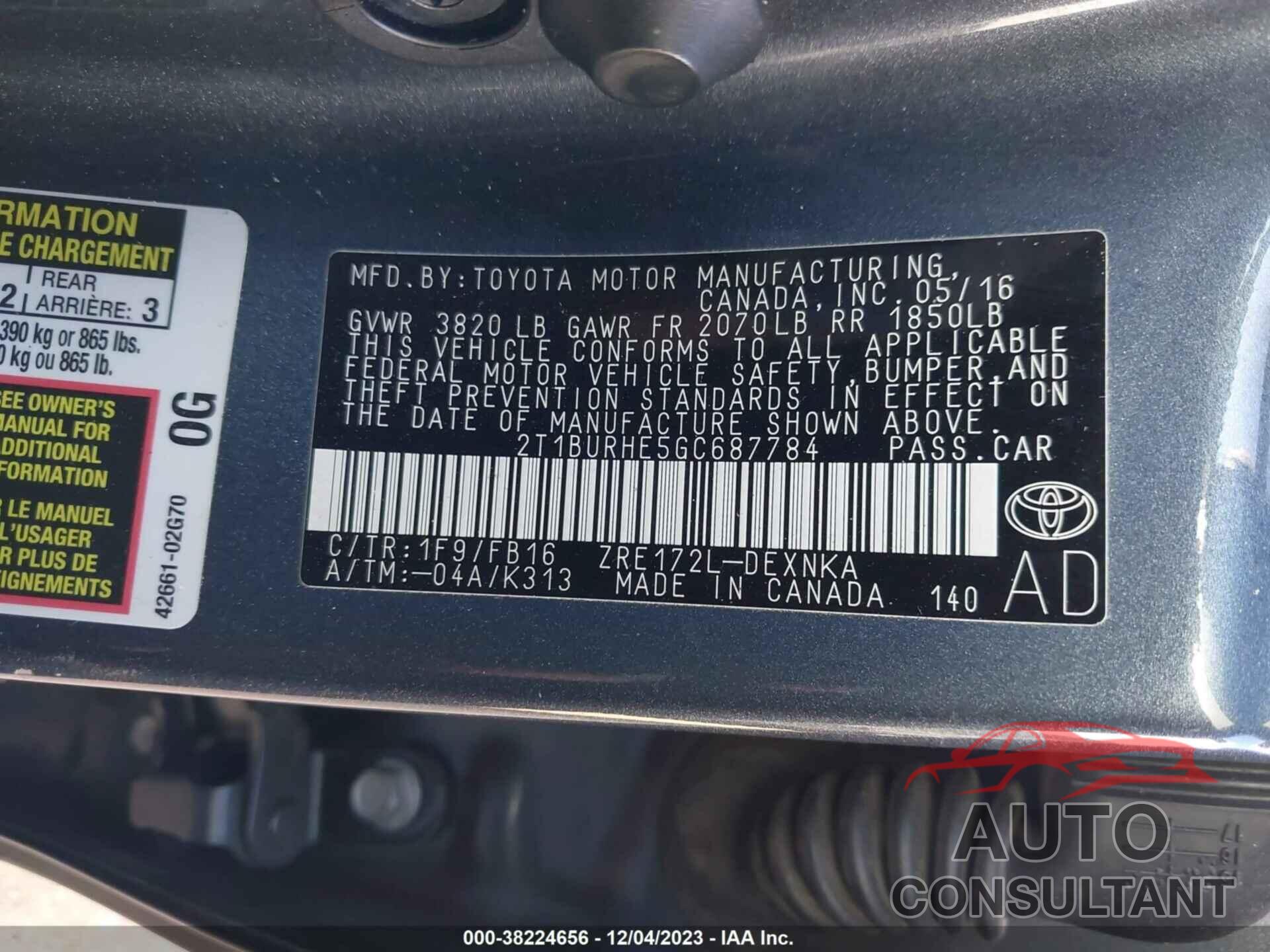 TOYOTA COROLLA 2016 - 2T1BURHE5GC687784