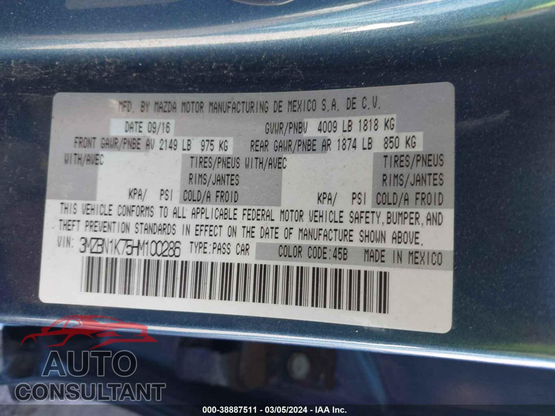 MAZDA MAZDA3 2017 - 3MZBN1K75HM100286