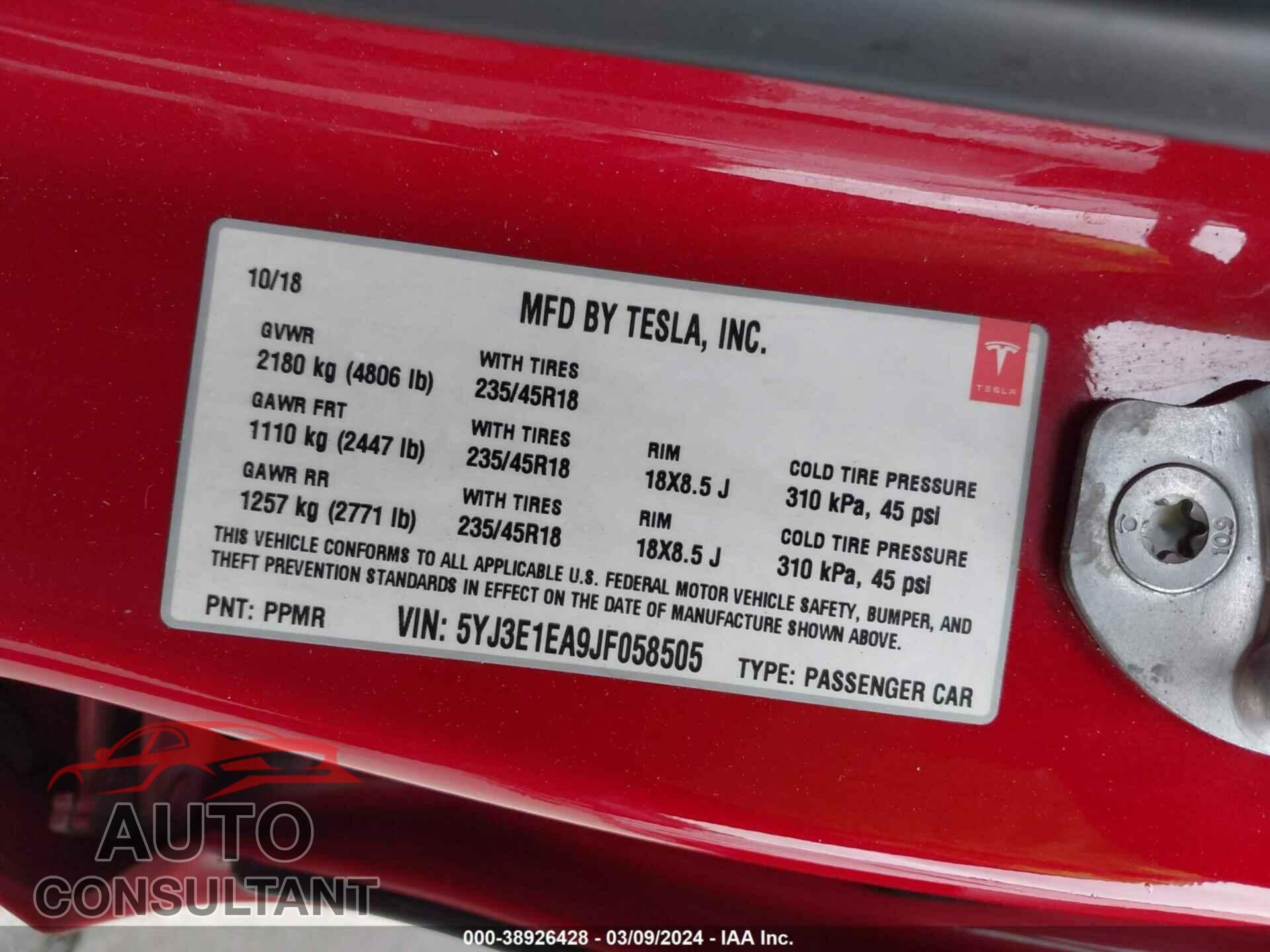 TESLA MODEL 3 2018 - 5YJ3E1EA9JF058505
