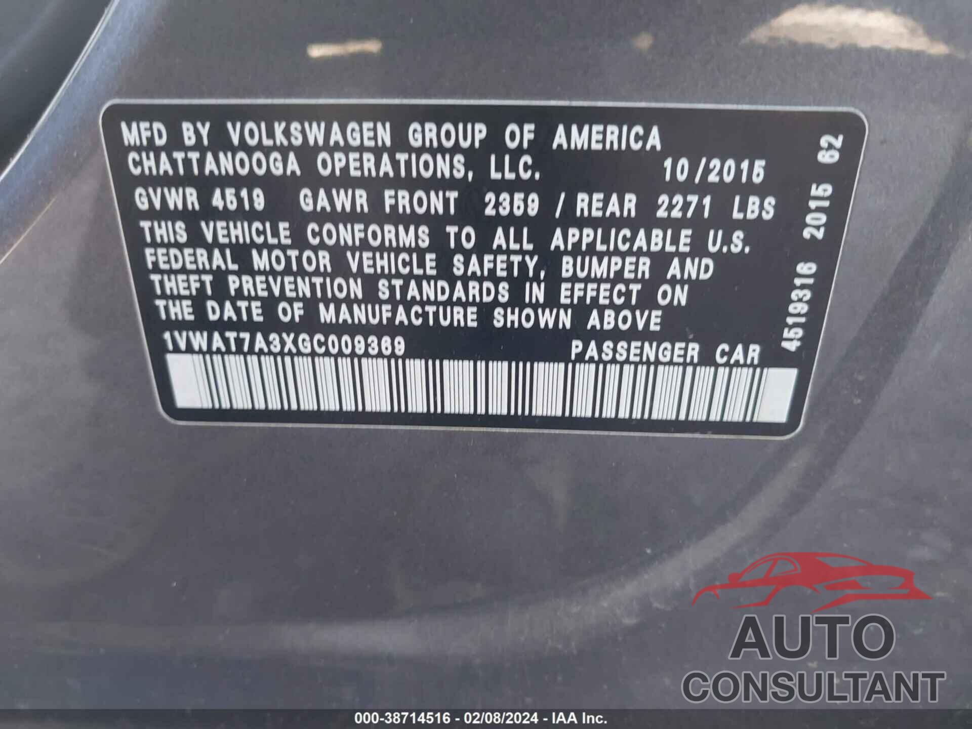 VOLKSWAGEN PASSAT 2016 - 1VWAT7A3XGC009369