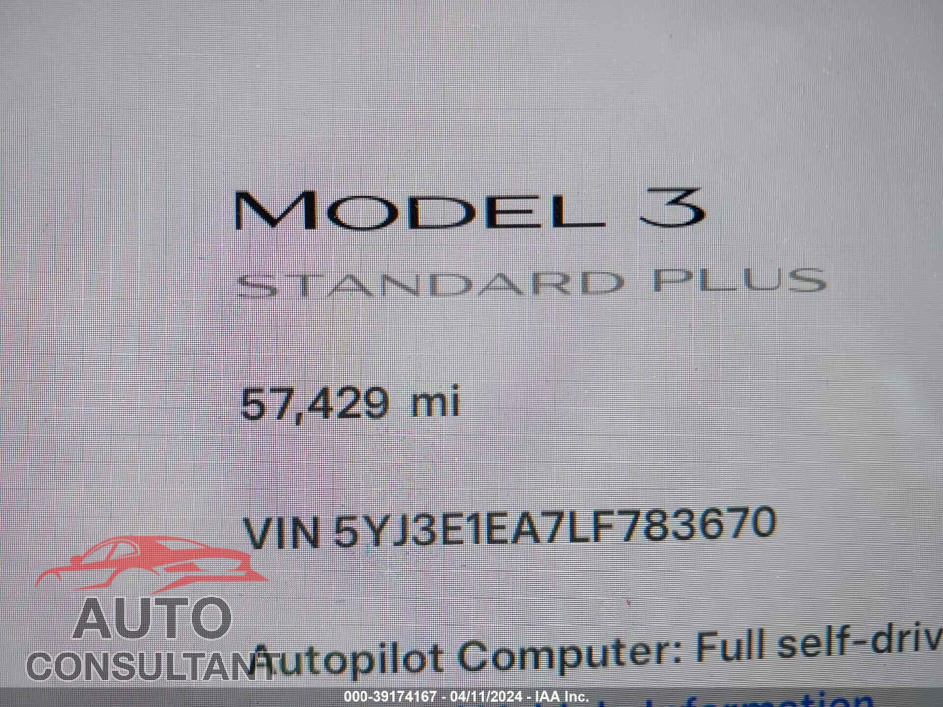 TESLA MODEL 3 2020 - 5YJ3E1EA7LF783670