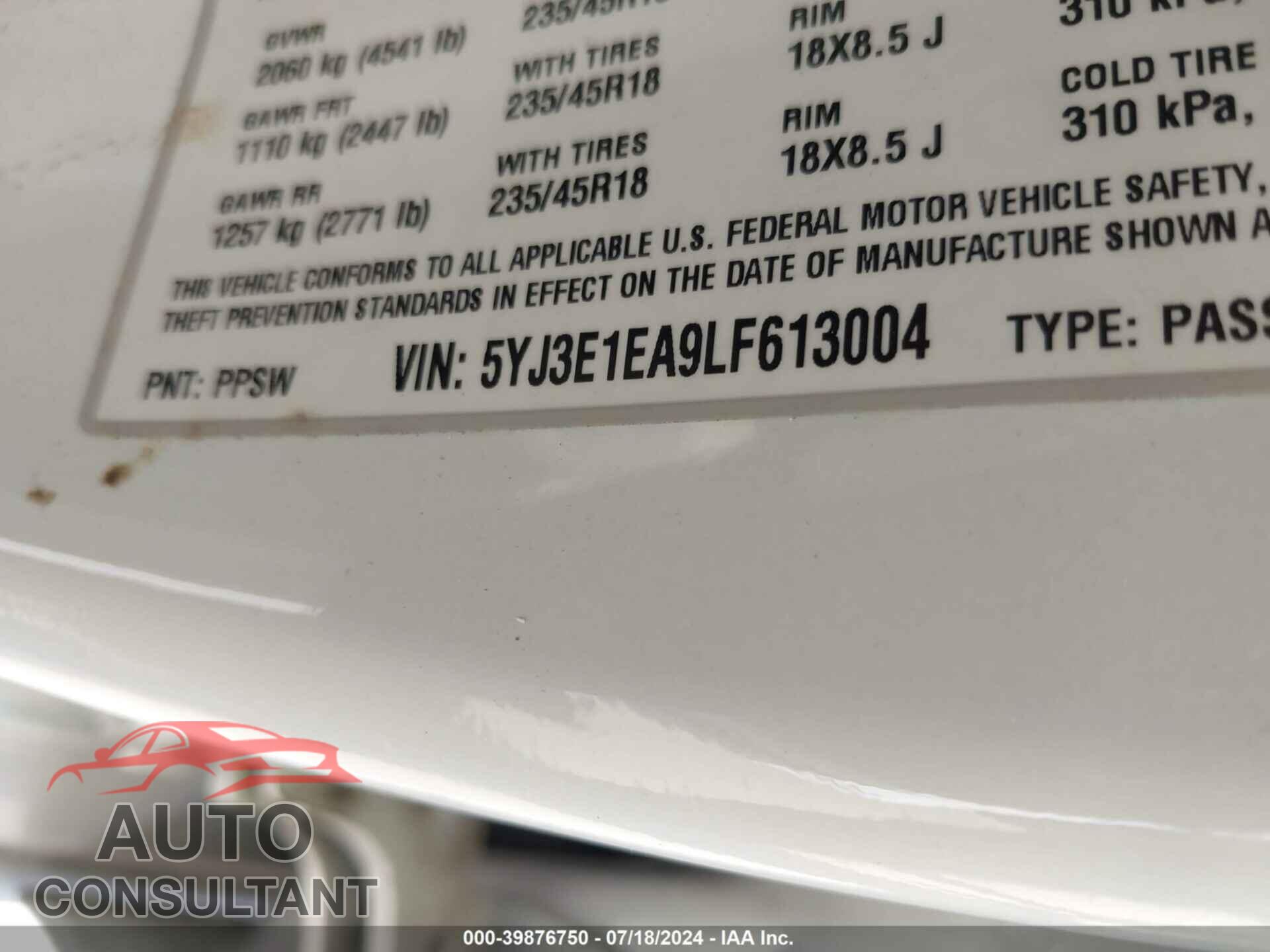 TESLA MODEL 3 2020 - 5YJ3E1EA9LF613004