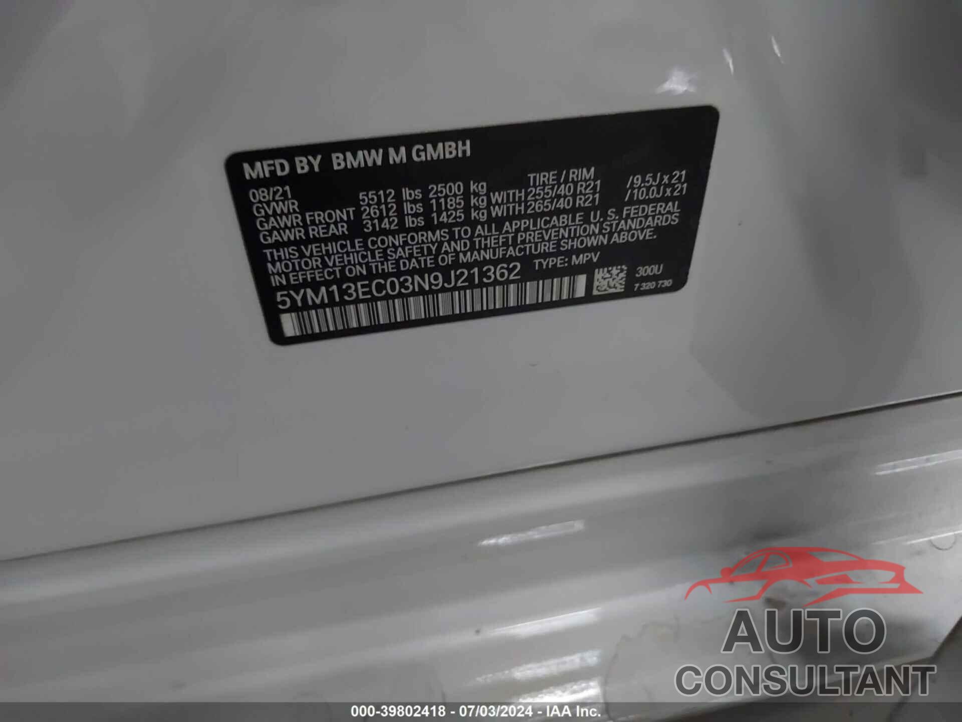 BMW X3 M 2022 - 5YM13EC03N9J21362