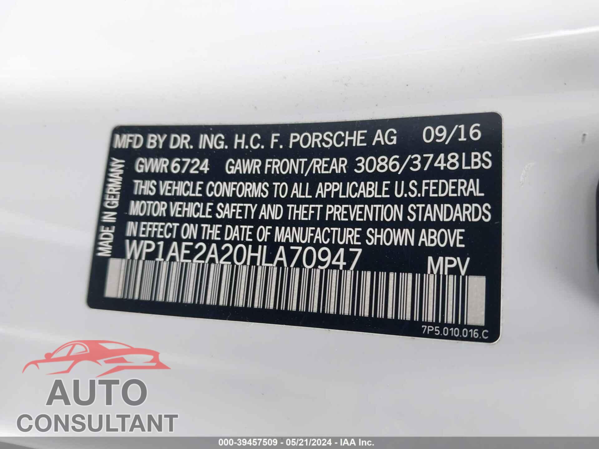 PORSCHE CAYENNE 2017 - WP1AE2A20HLA70947