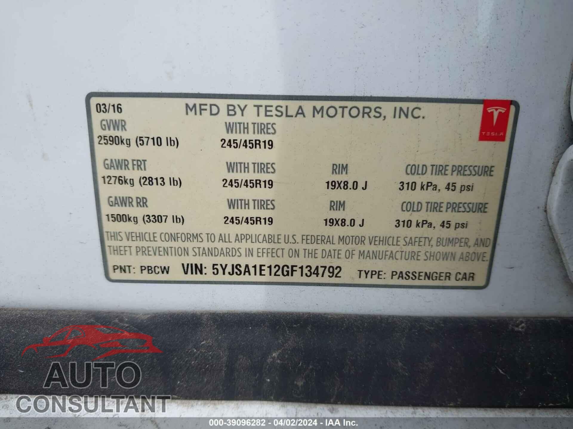 TESLA MODEL S 2016 - 5YJSA1E12GF134792
