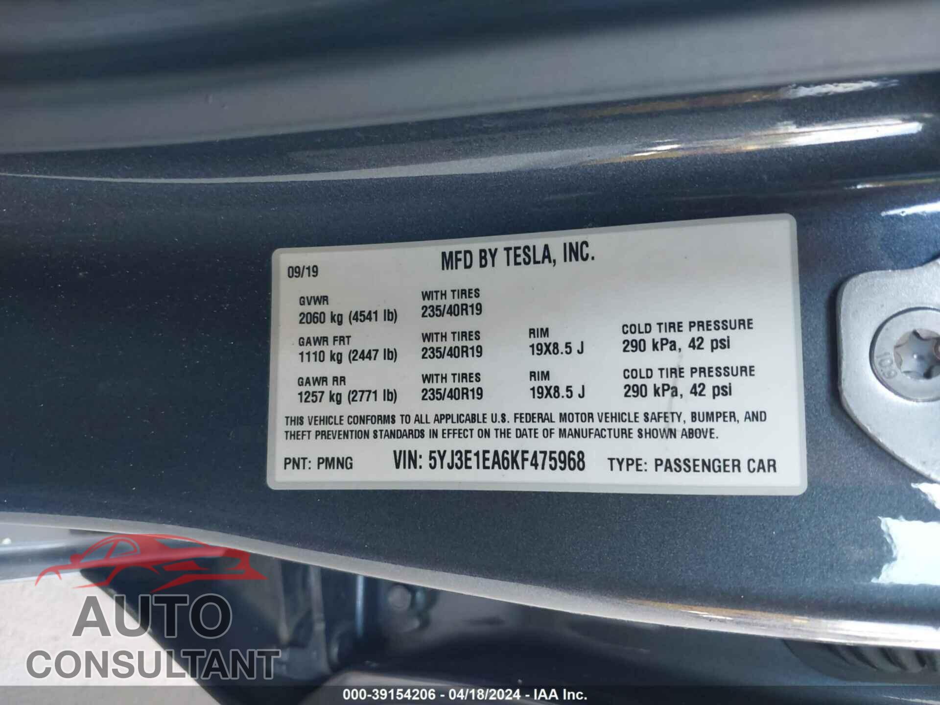 TESLA MODEL 3 2019 - 5YJ3E1EA6KF475968