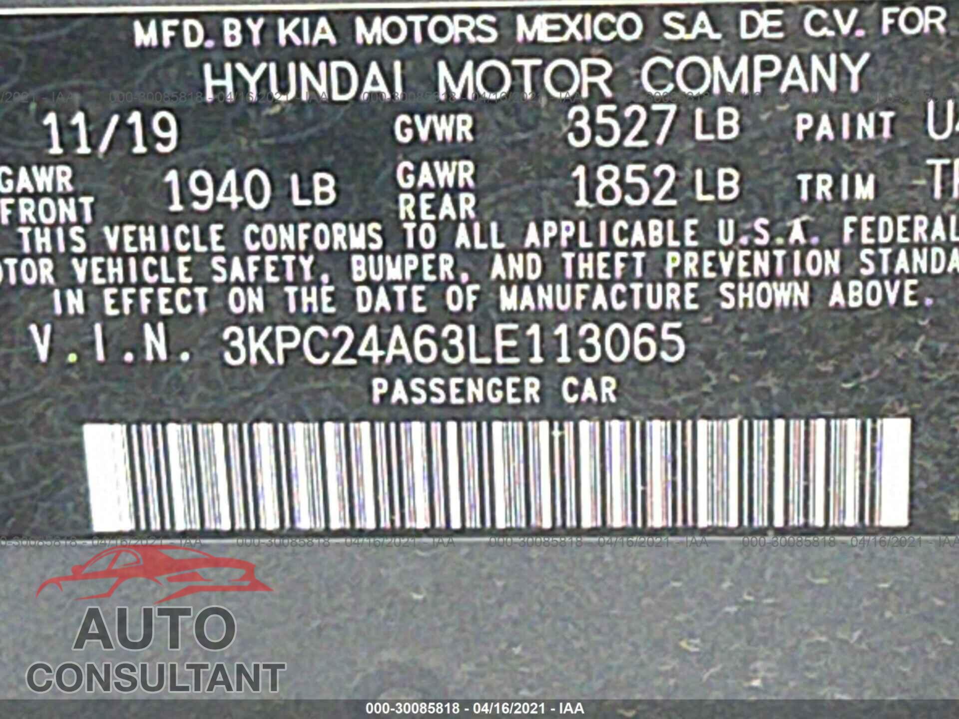 HYUNDAI ACCENT 2020 - 3KPC24A63LE113065