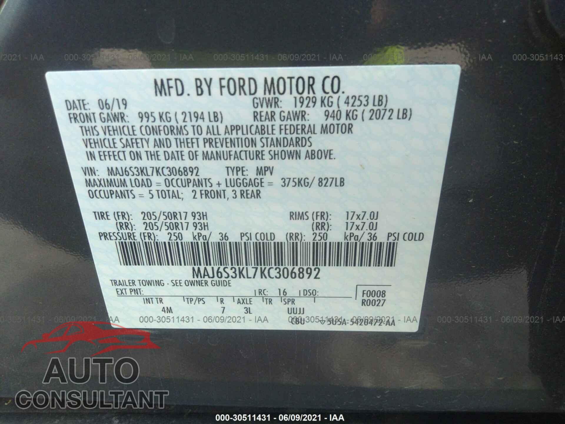 FORD ECOSPORT 2019 - MAJ6S3KL7KC306892