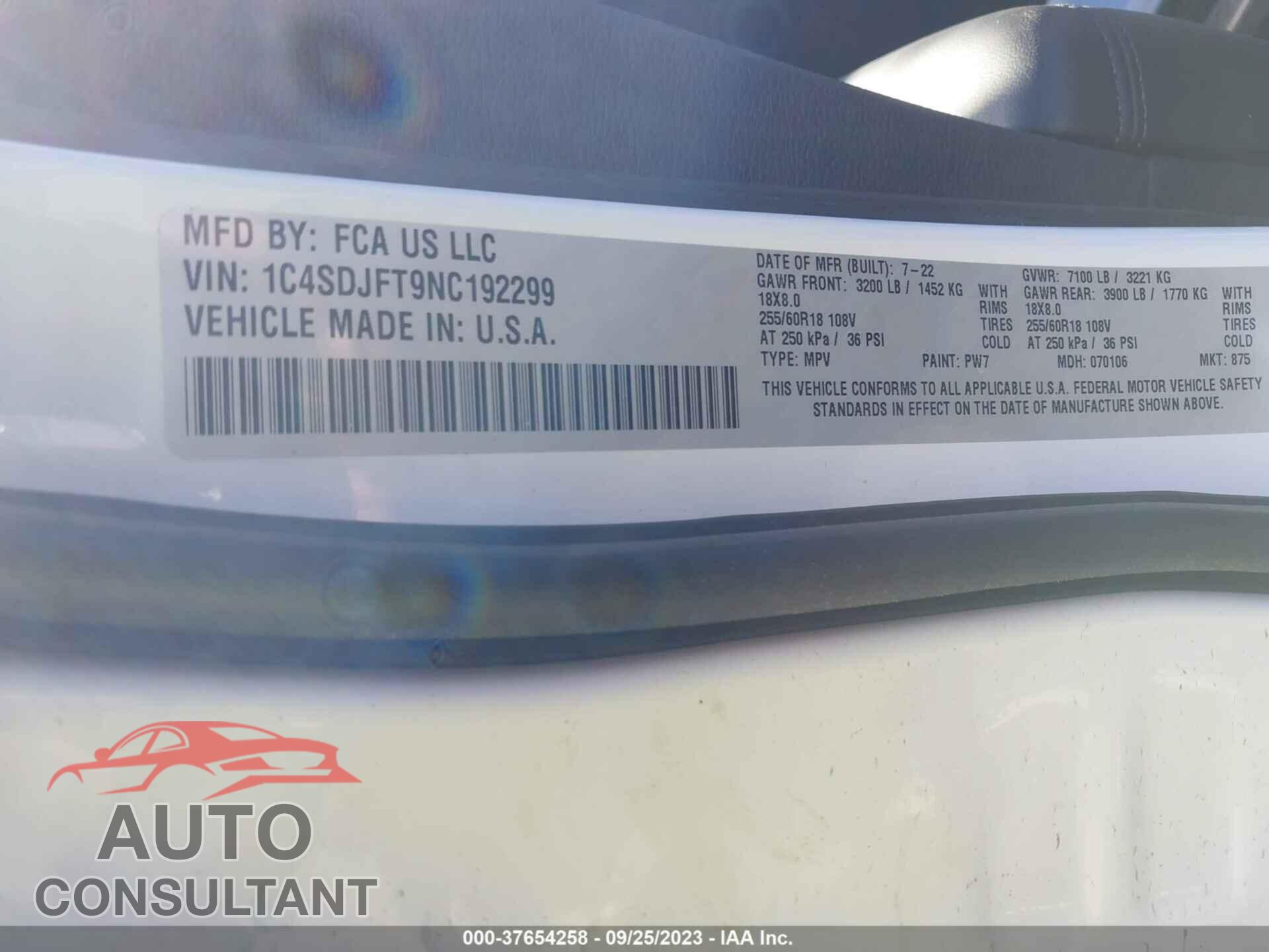 DODGE DURANGO 2022 - 1C4SDJFT9NC192299