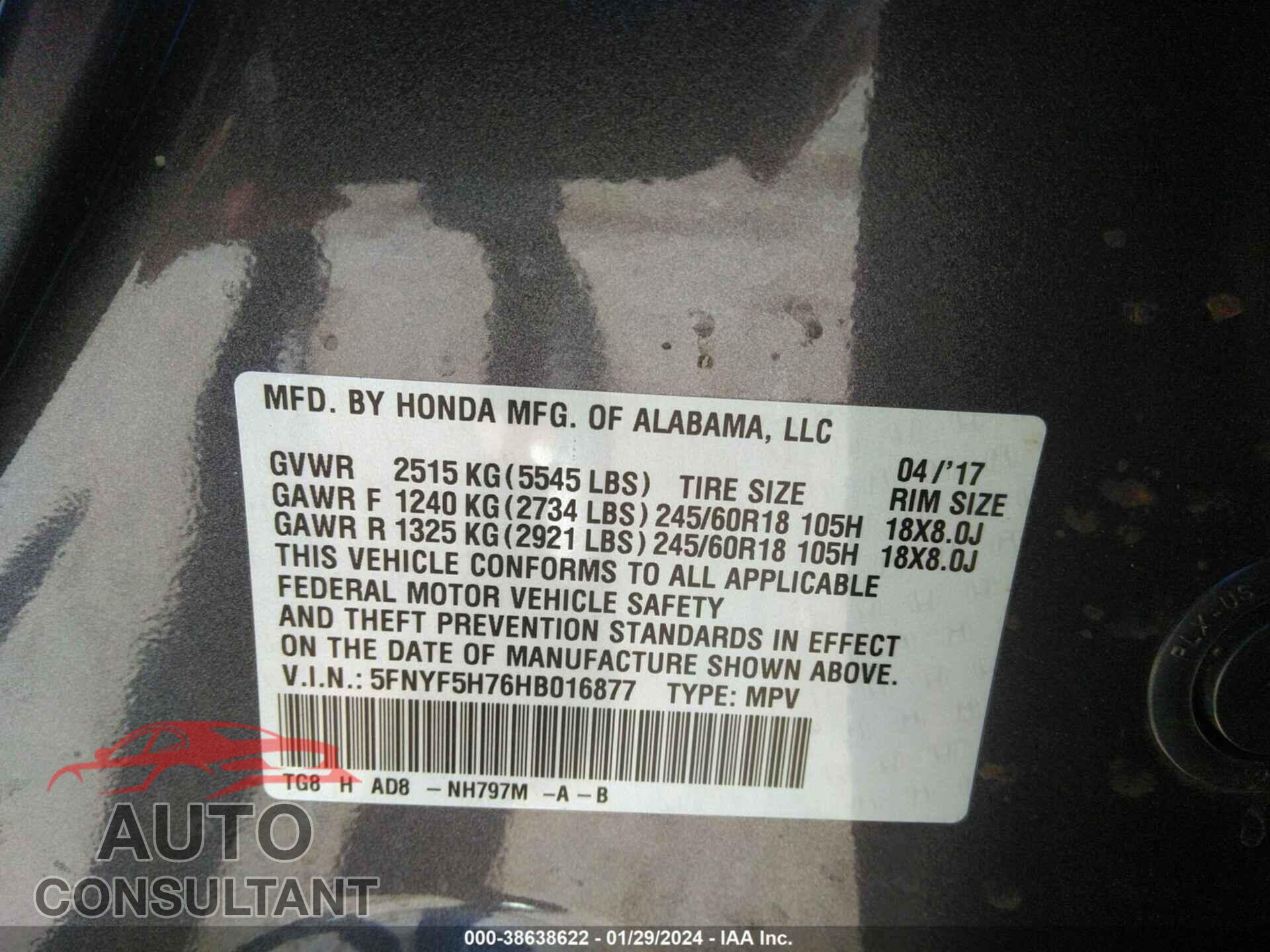 HONDA PILOT 2017 - 5FNYF5H76HB016877