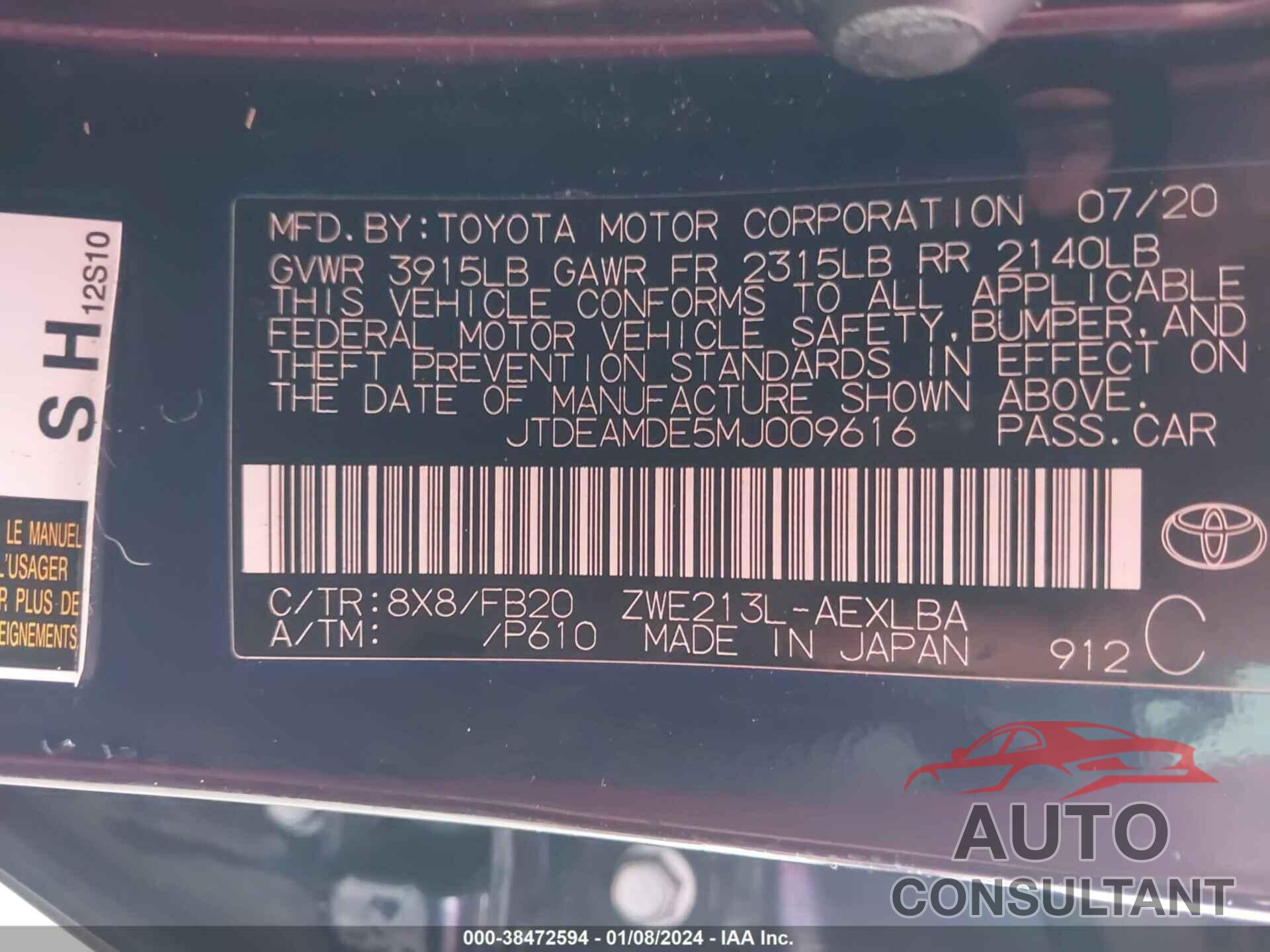 TOYOTA COROLLA 2021 - JTDEAMDE5MJ009616