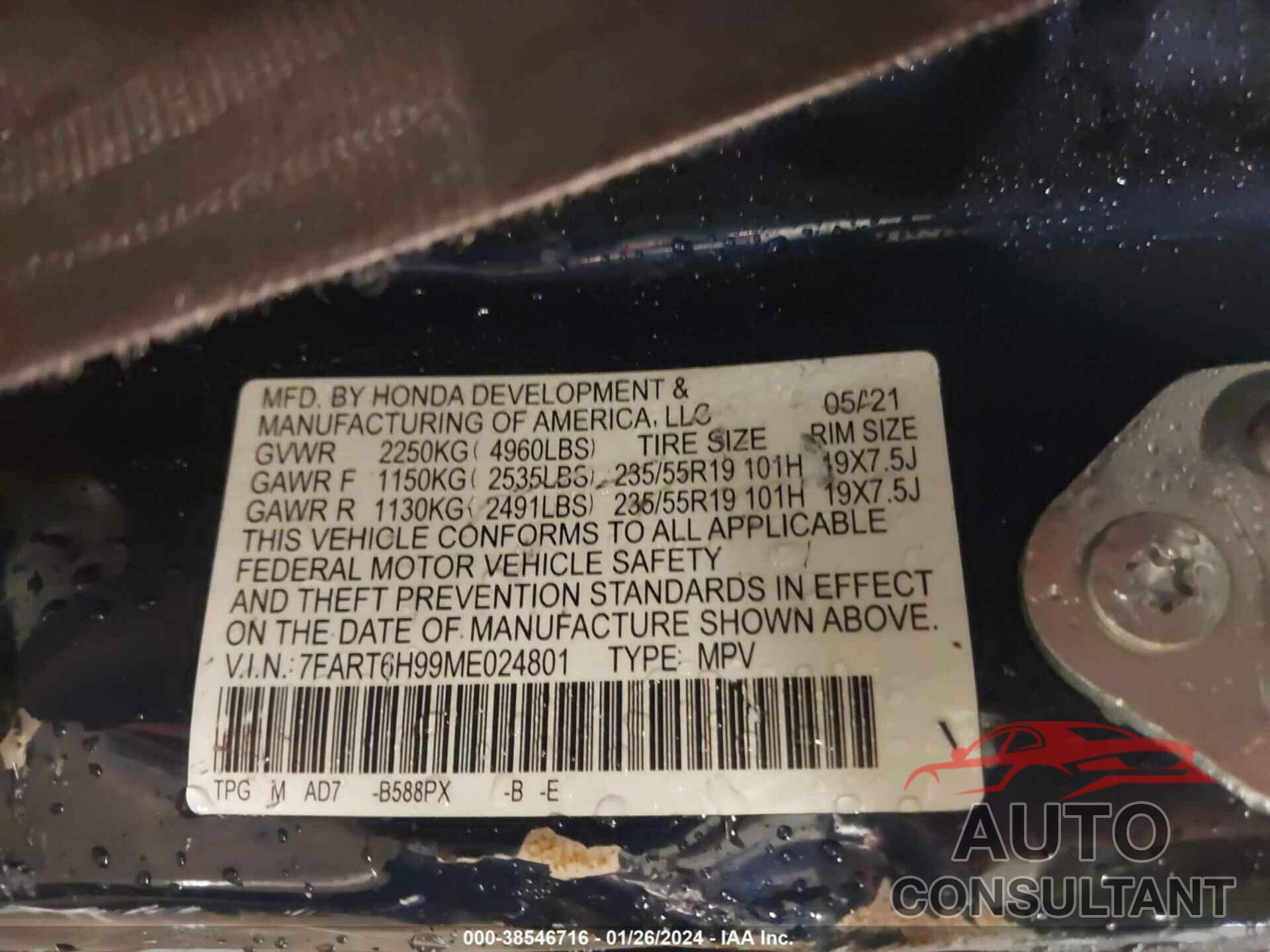 HONDA CR-V 2021 - 7FART6H99ME024801