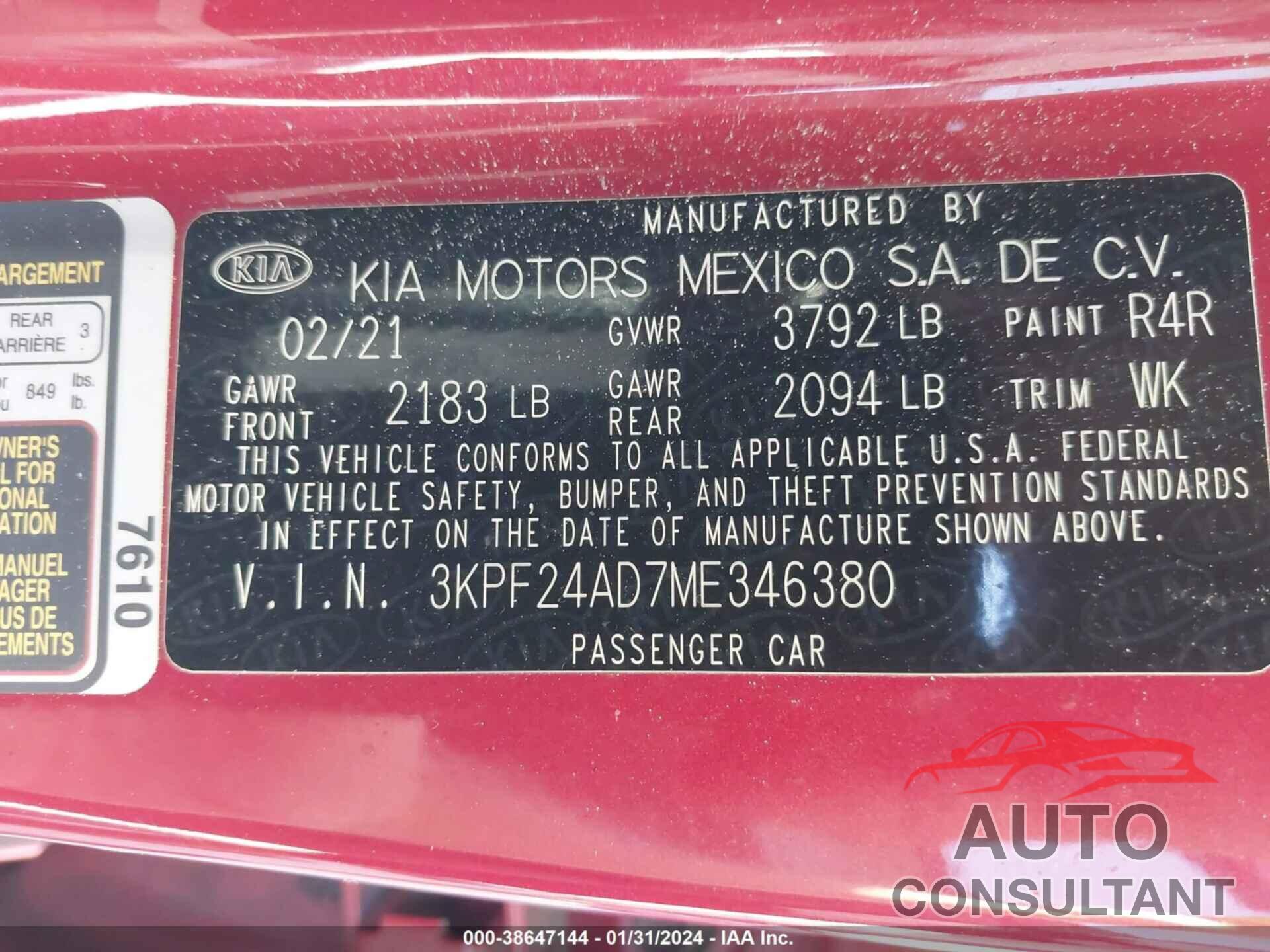 KIA FORTE 2021 - 3KPF24AD7ME346380