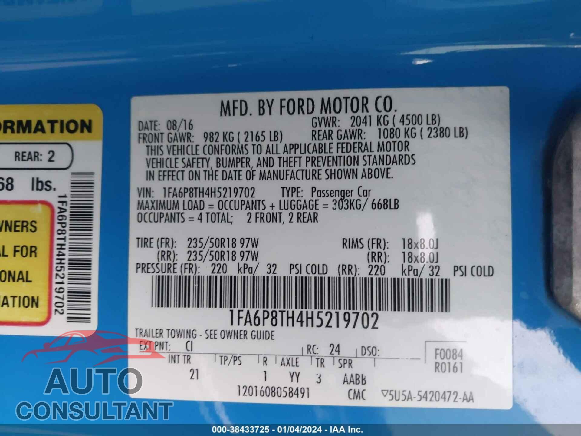 FORD MUSTANG 2017 - 1FA6P8TH4H5219702