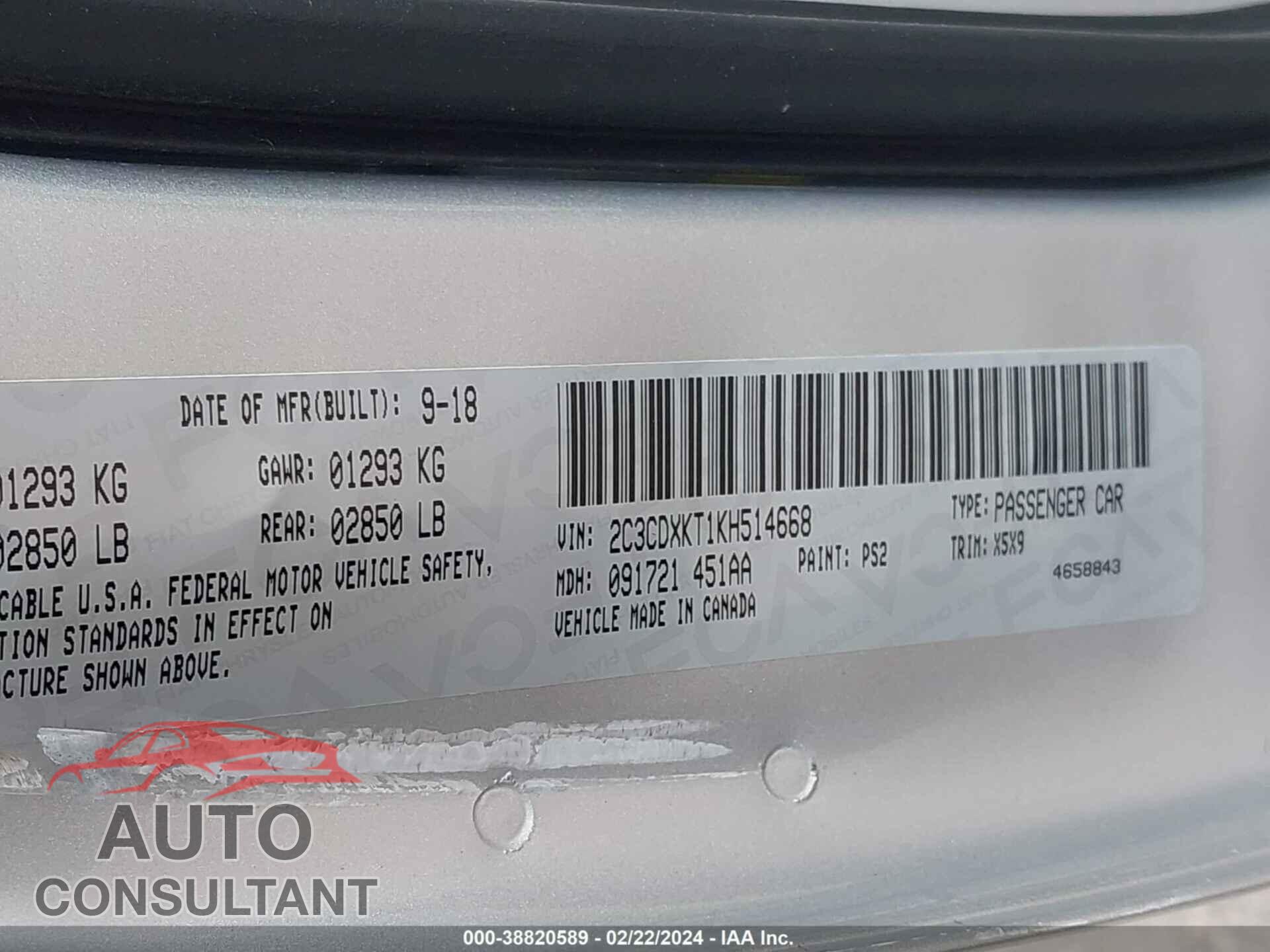 DODGE CHARGER 2019 - 2C3CDXKT1KH514668