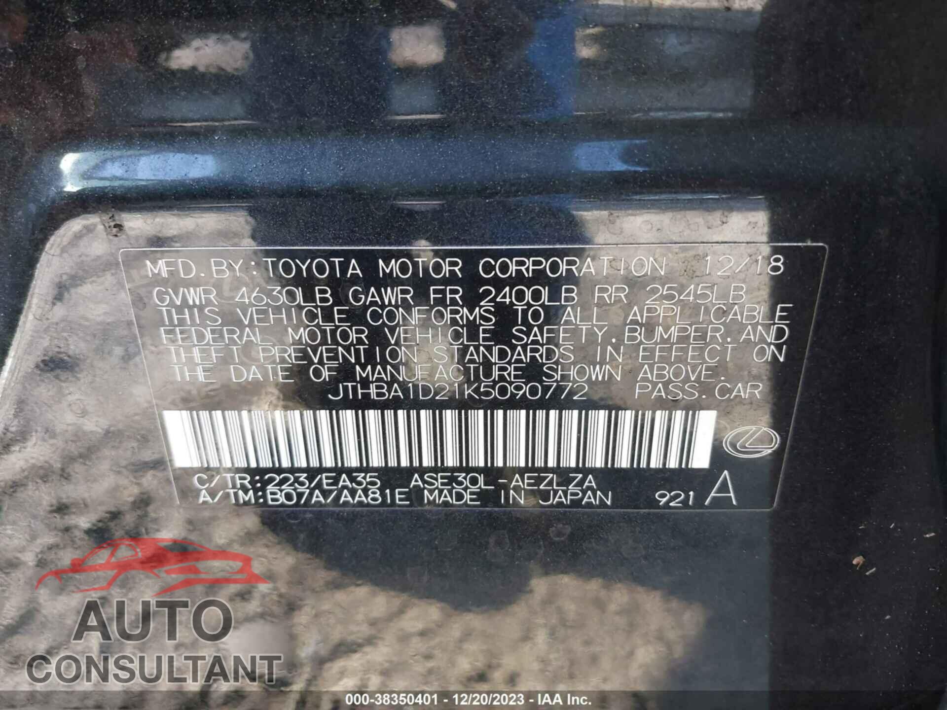 LEXUS IS 2019 - JTHBA1D21K5090772