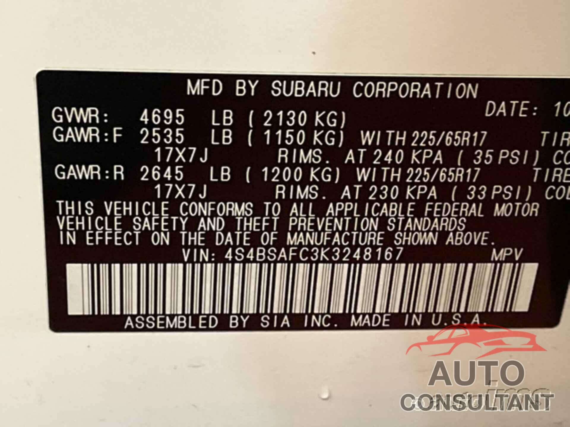 SUBARU OUTBACK 2019 - 4S4BSAFC3K3248167