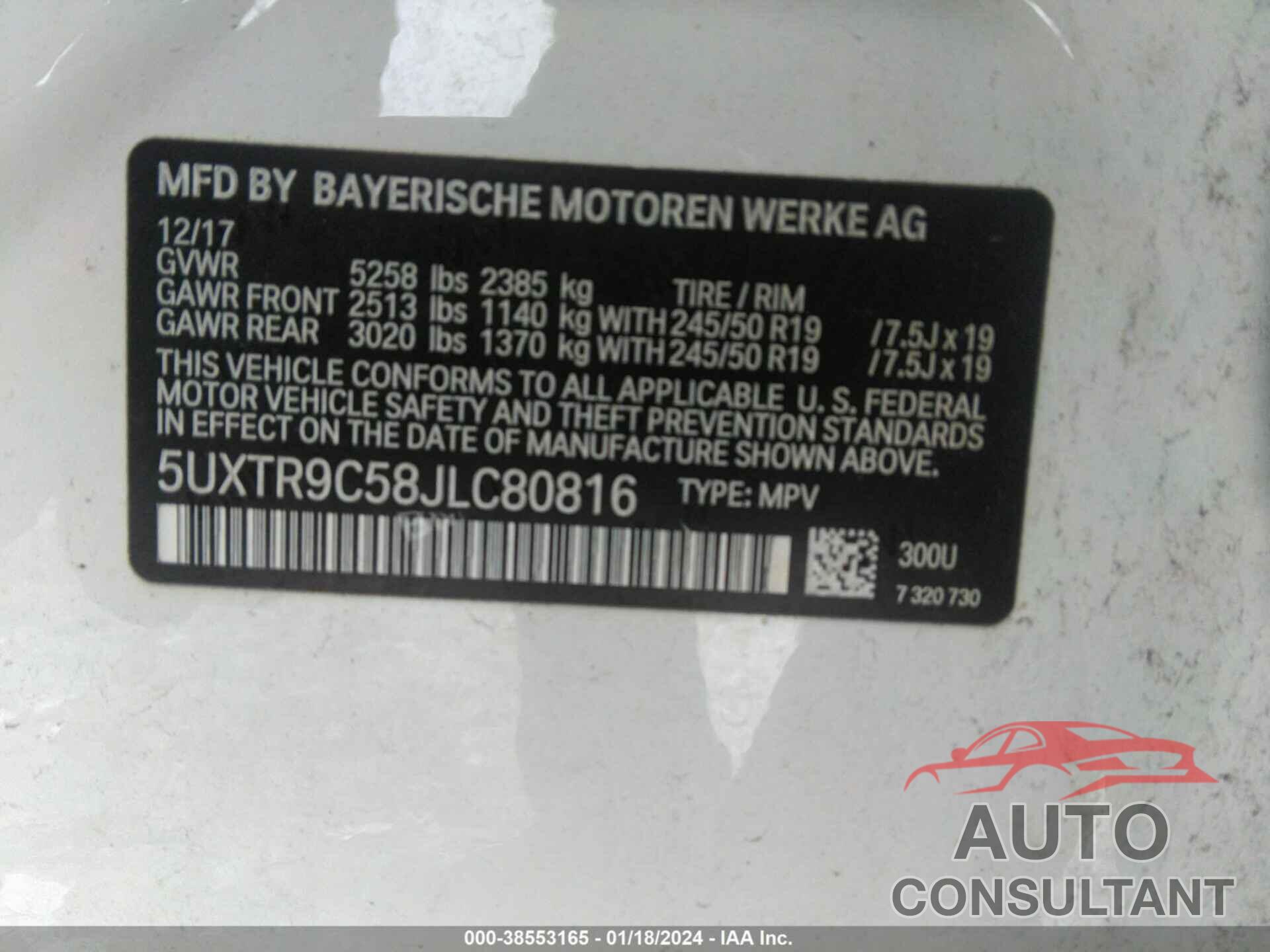 BMW X3 2018 - 5UXTR9C58JLC80816