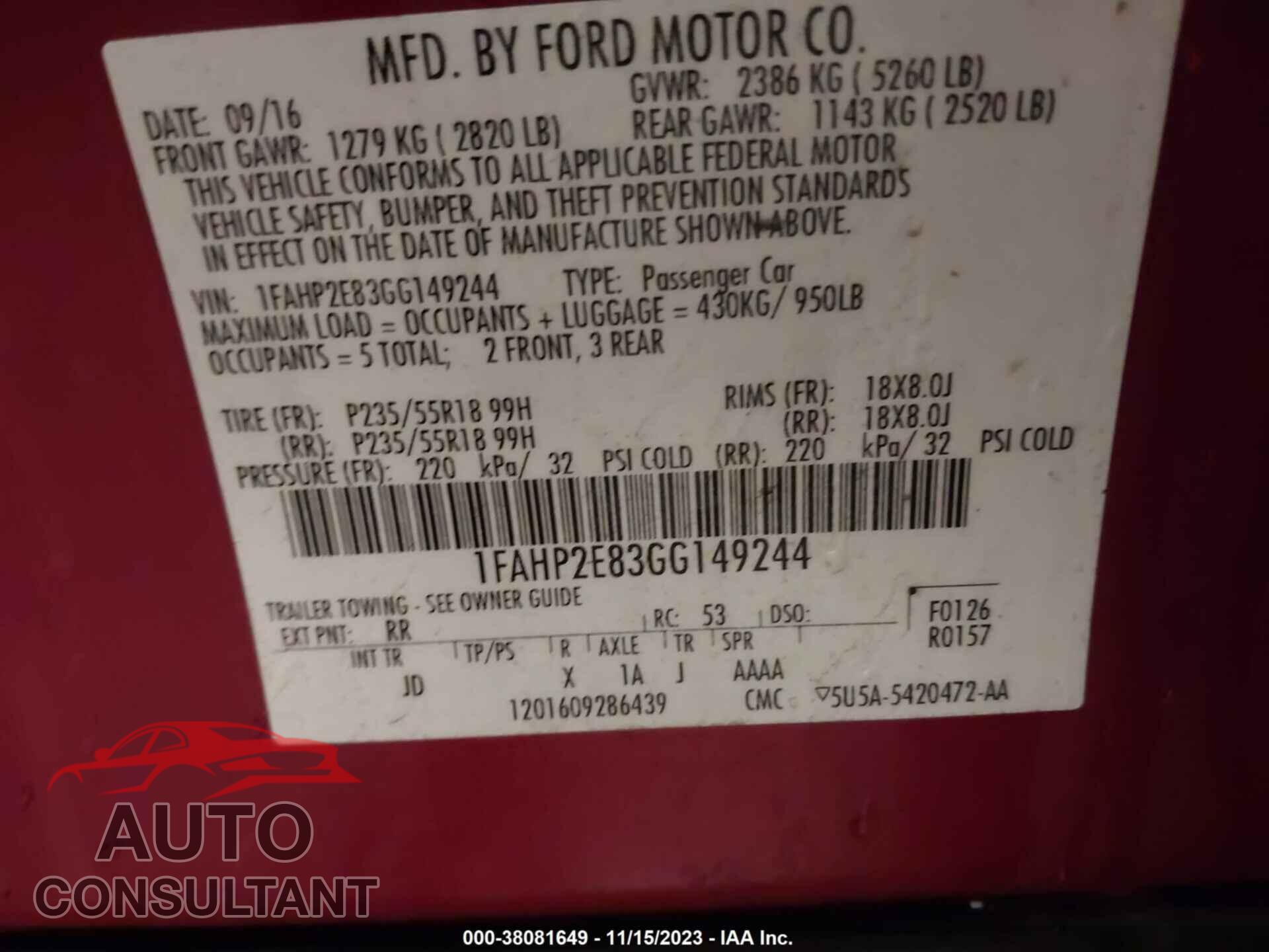FORD TAURUS 2016 - 1FAHP2E83GG149244