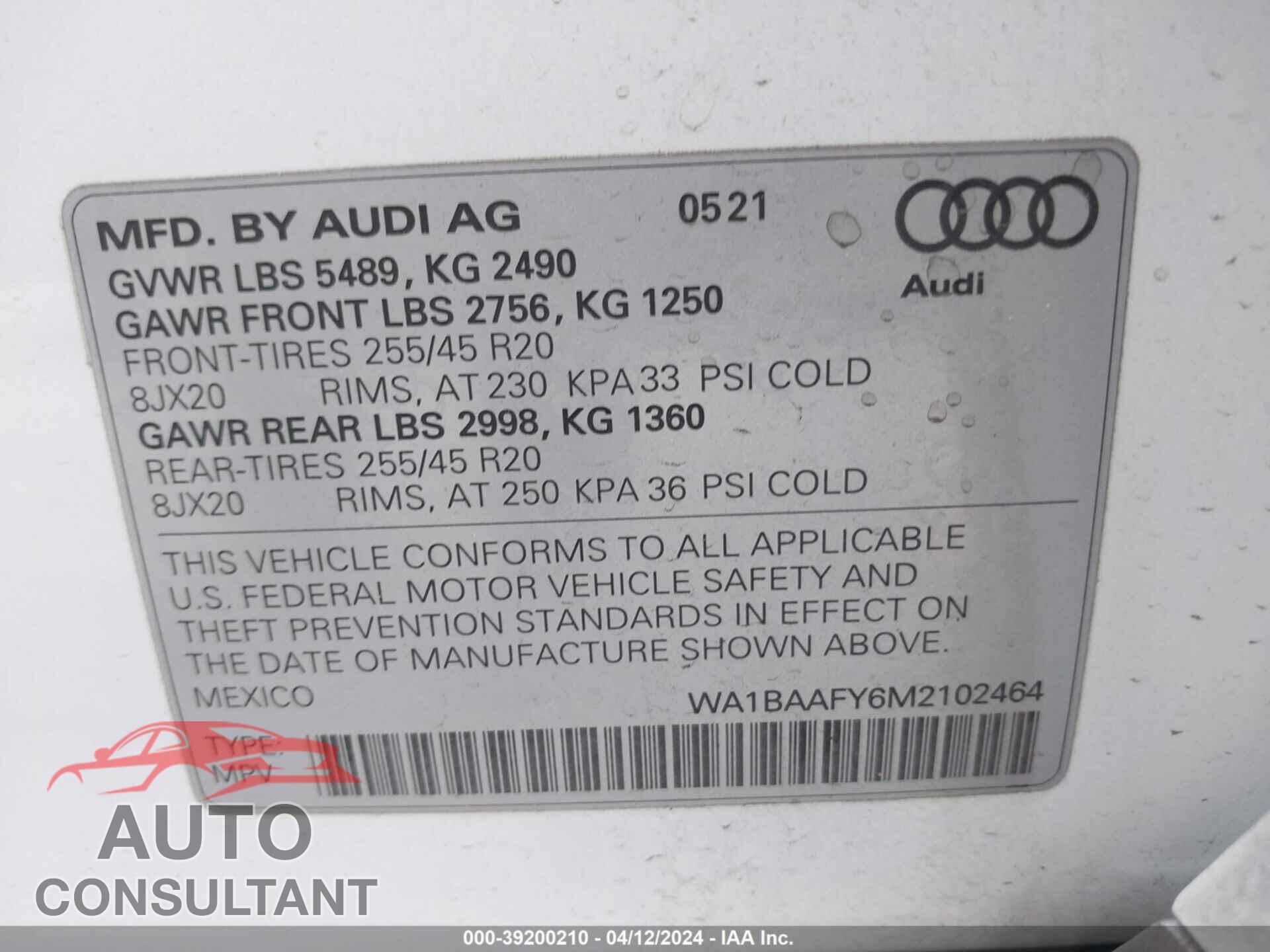 AUDI Q5 2021 - WA1BAAFY6M2102464