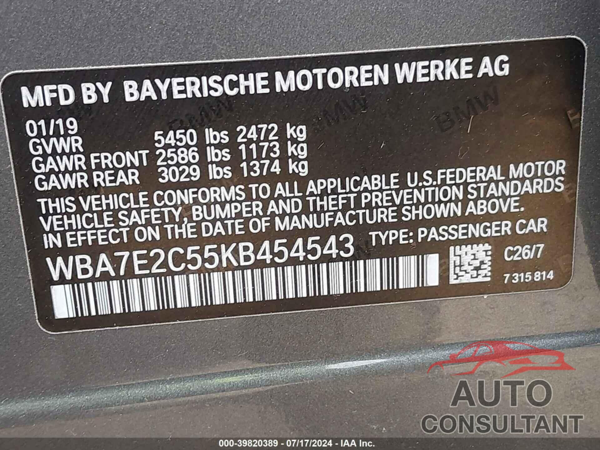 BMW 740I 2019 - WBA7E2C55KB454543