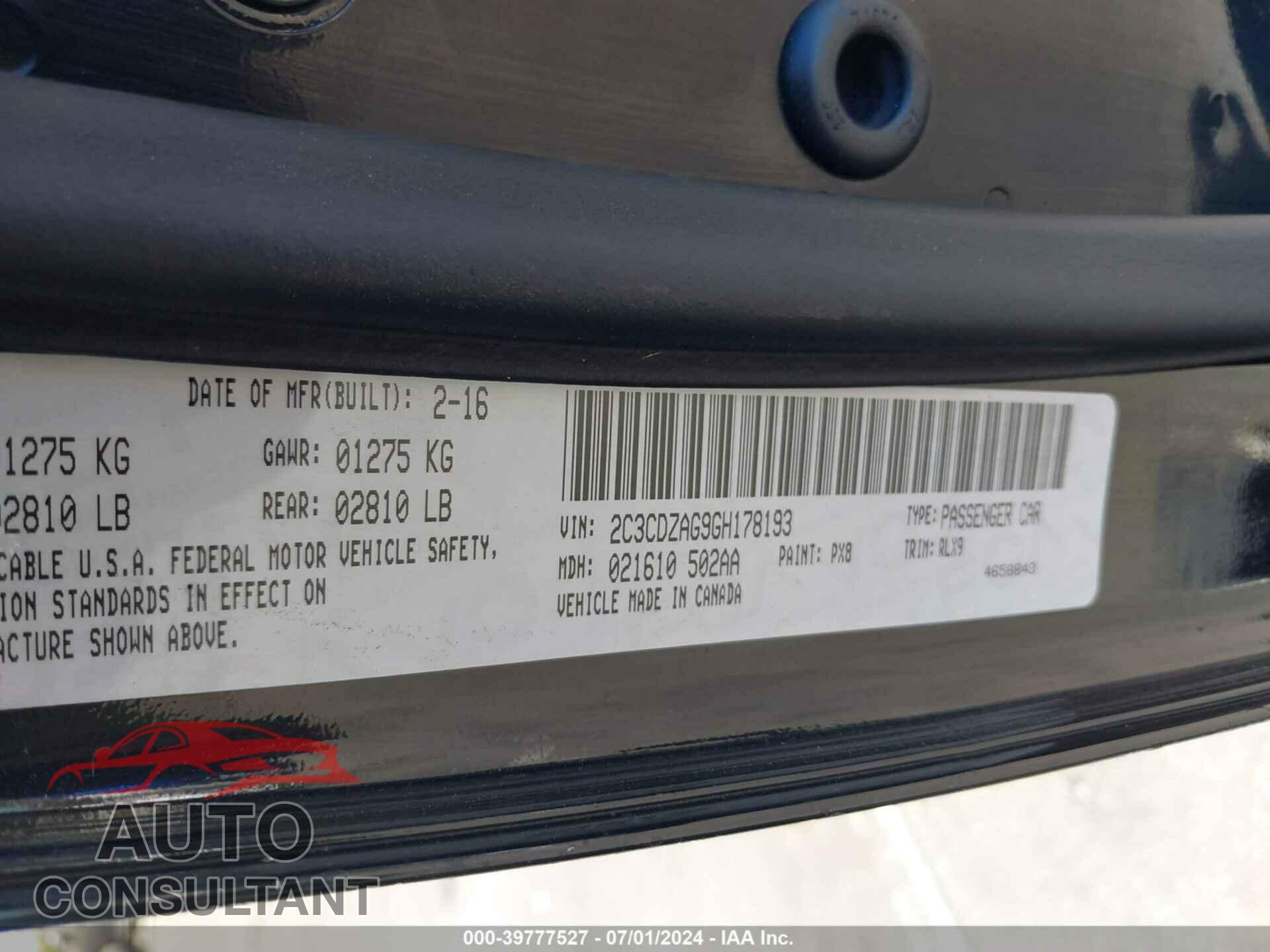 DODGE CHALLENGER 2016 - 2C3CDZAG9GH178193