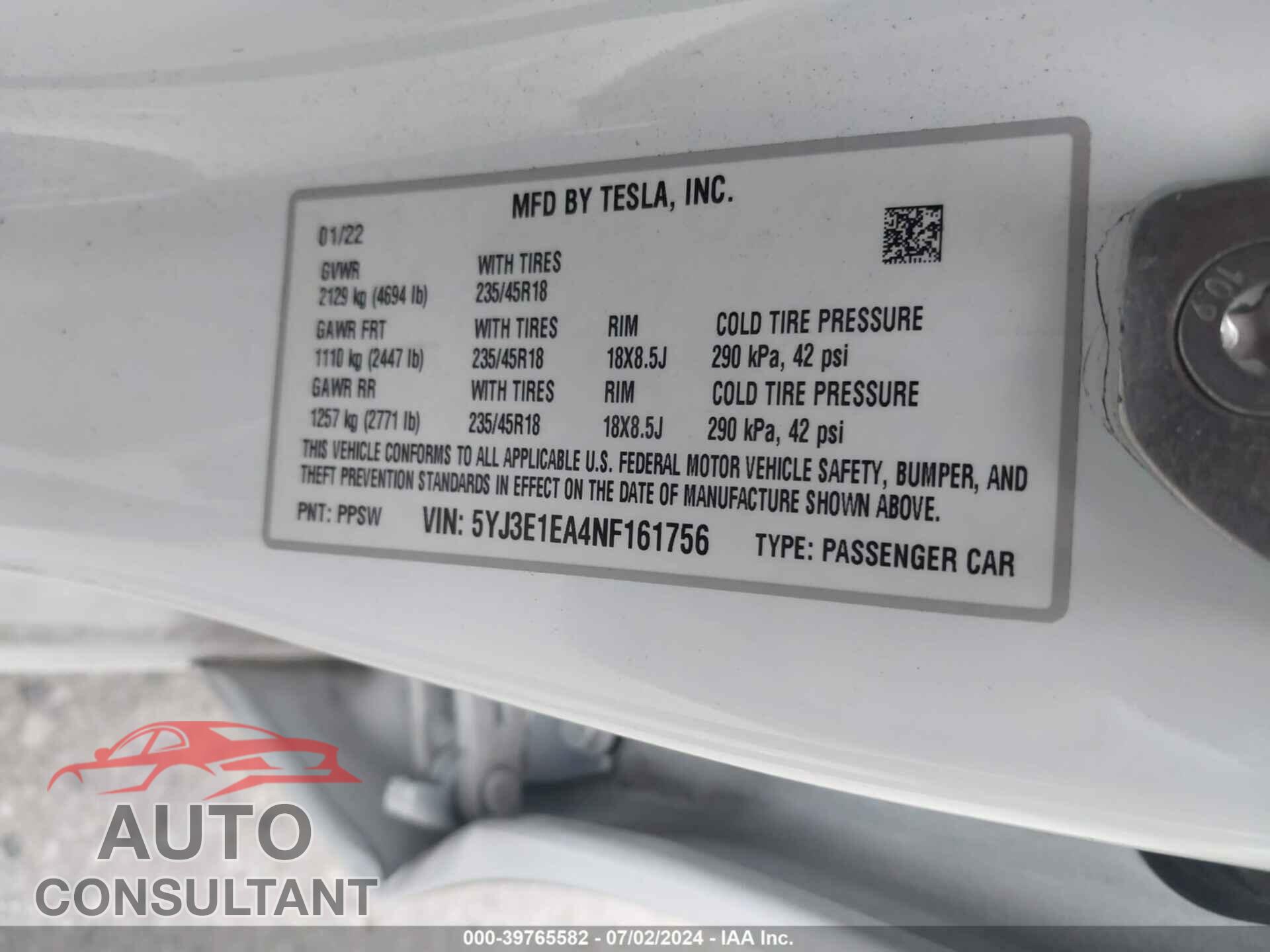TESLA MODEL 3 2022 - 5YJ3E1EA4NF161756