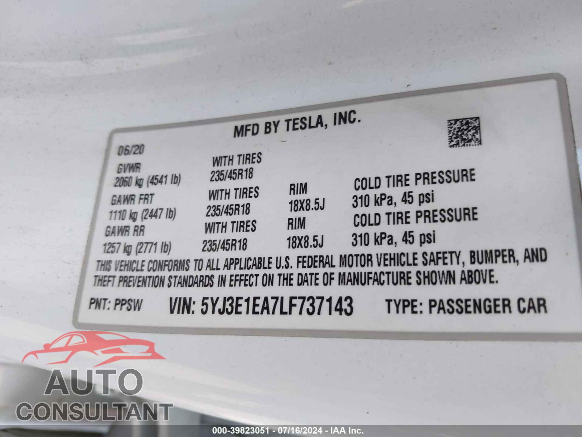 TESLA MODEL 3 2020 - 5YJ3E1EA7LF737143