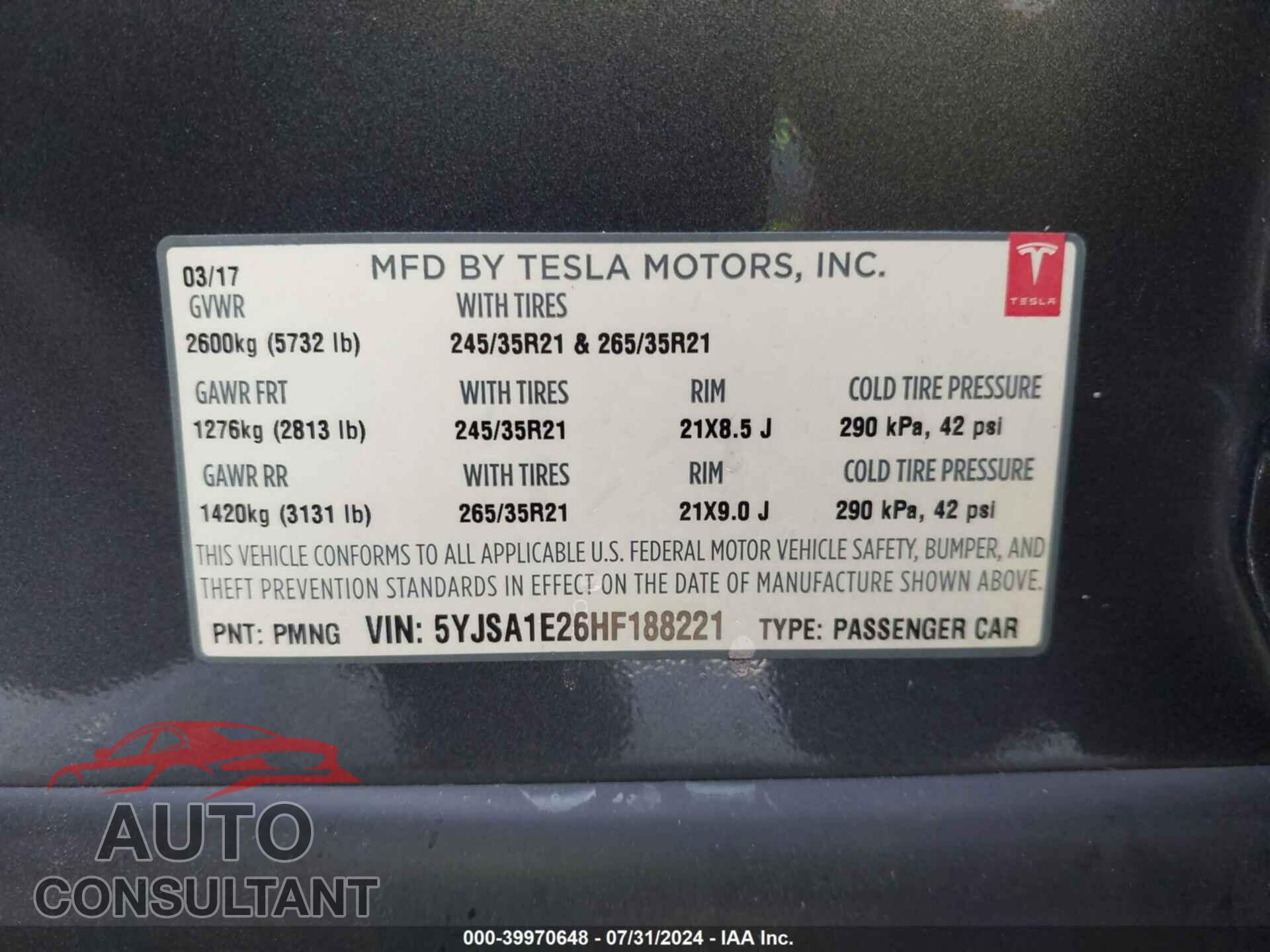 TESLA MODEL S 2017 - 5YJSA1E26HF188221