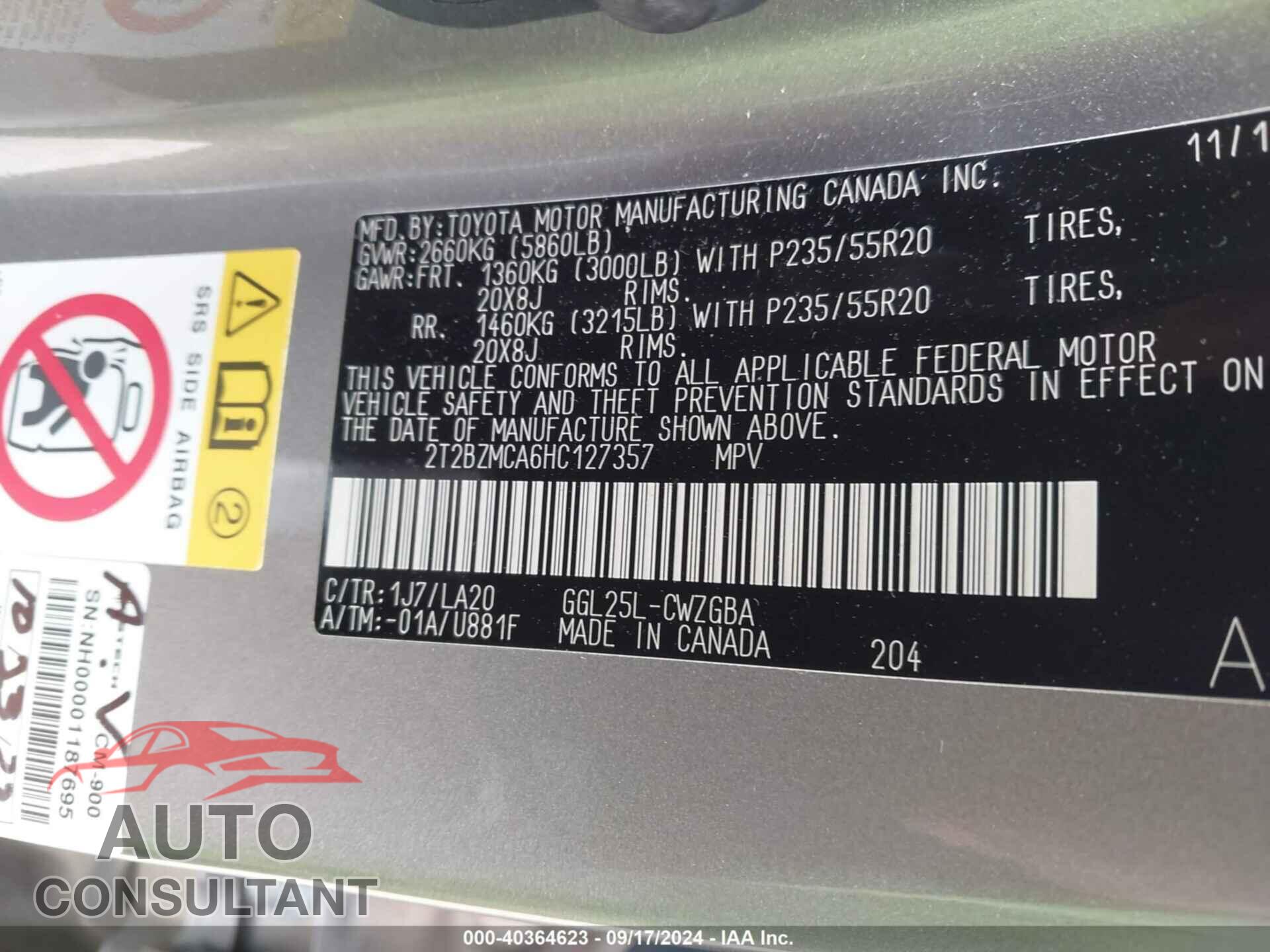 LEXUS RX 350 2017 - 2T2BZMCA6HC127357