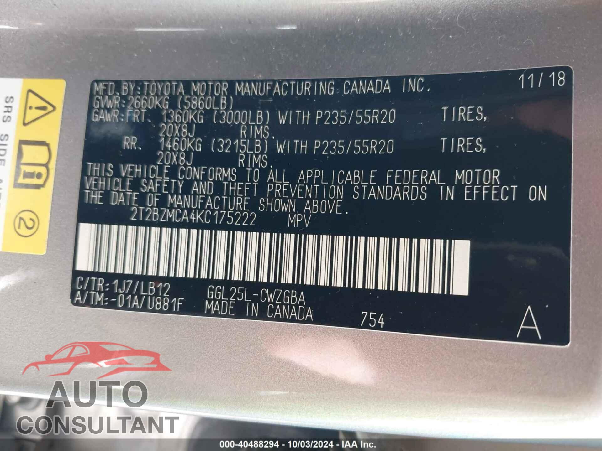 LEXUS RX 2019 - 2T2BZMCA4KC175222