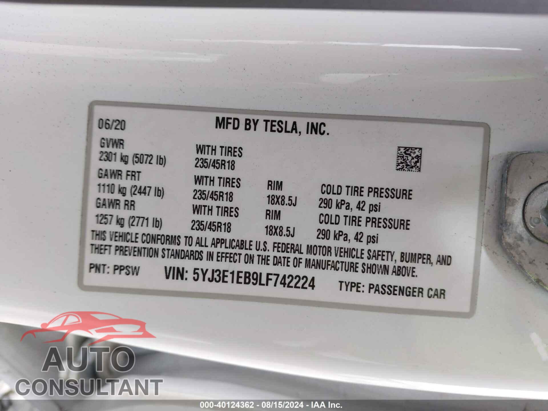 TESLA MODEL 3 2020 - 5YJ3E1EB9LF742224