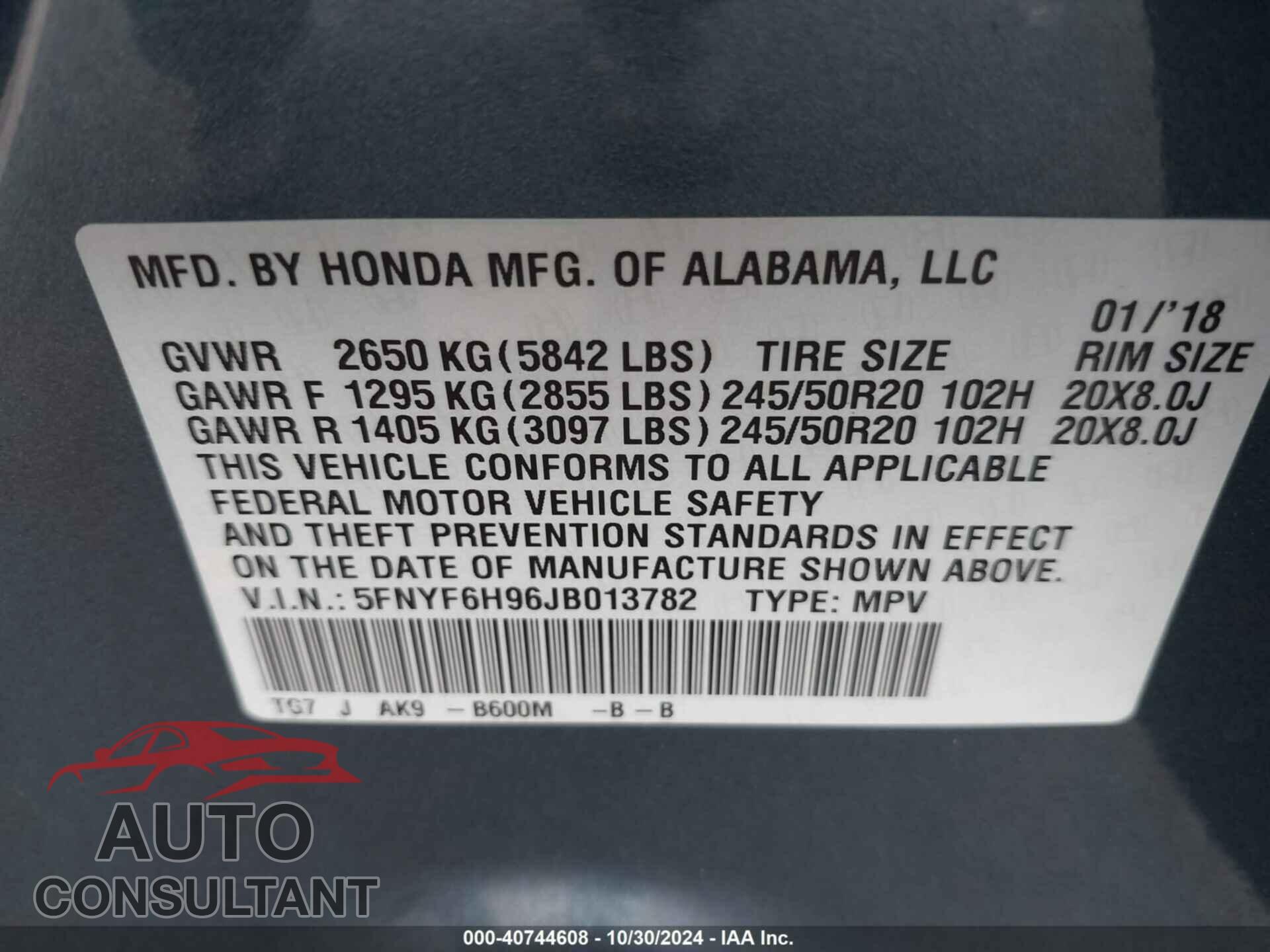 HONDA PILOT 2018 - 5FNYF6H96JB013782