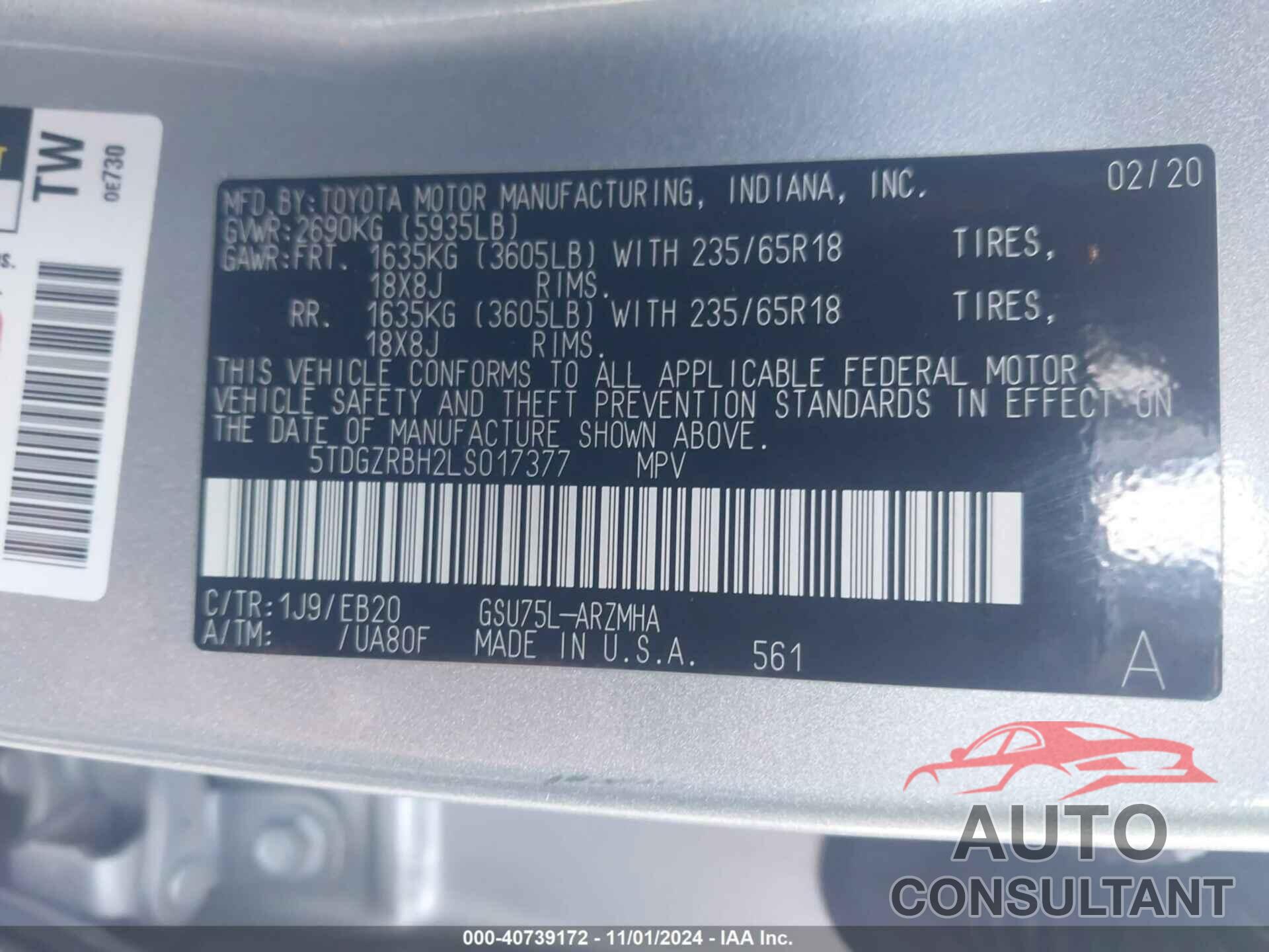 TOYOTA HIGHLANDER 2020 - 5TDGZRBH2LS017377